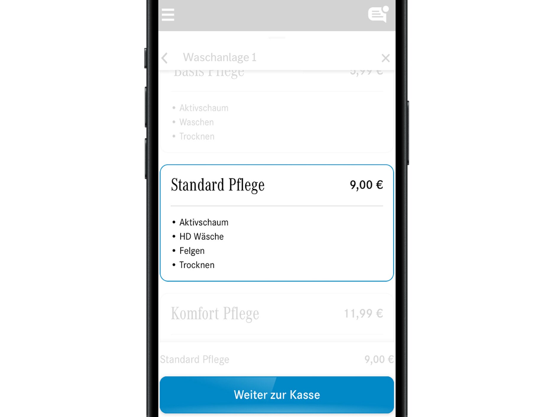 A Mercedes-Benz gépkocsimosás alkalmazás képernyője.