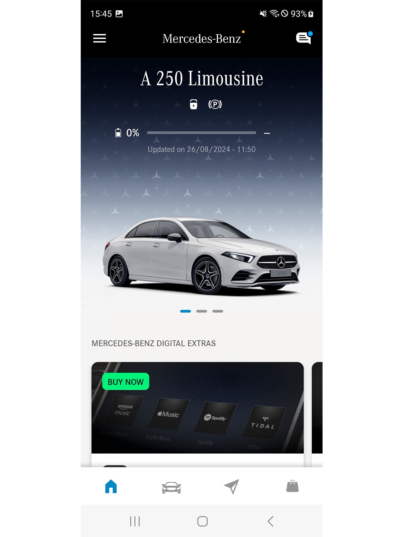 Mercedes-Benz app menüje navigációval, táveléréssel és GUARD 360˚ funkcióval