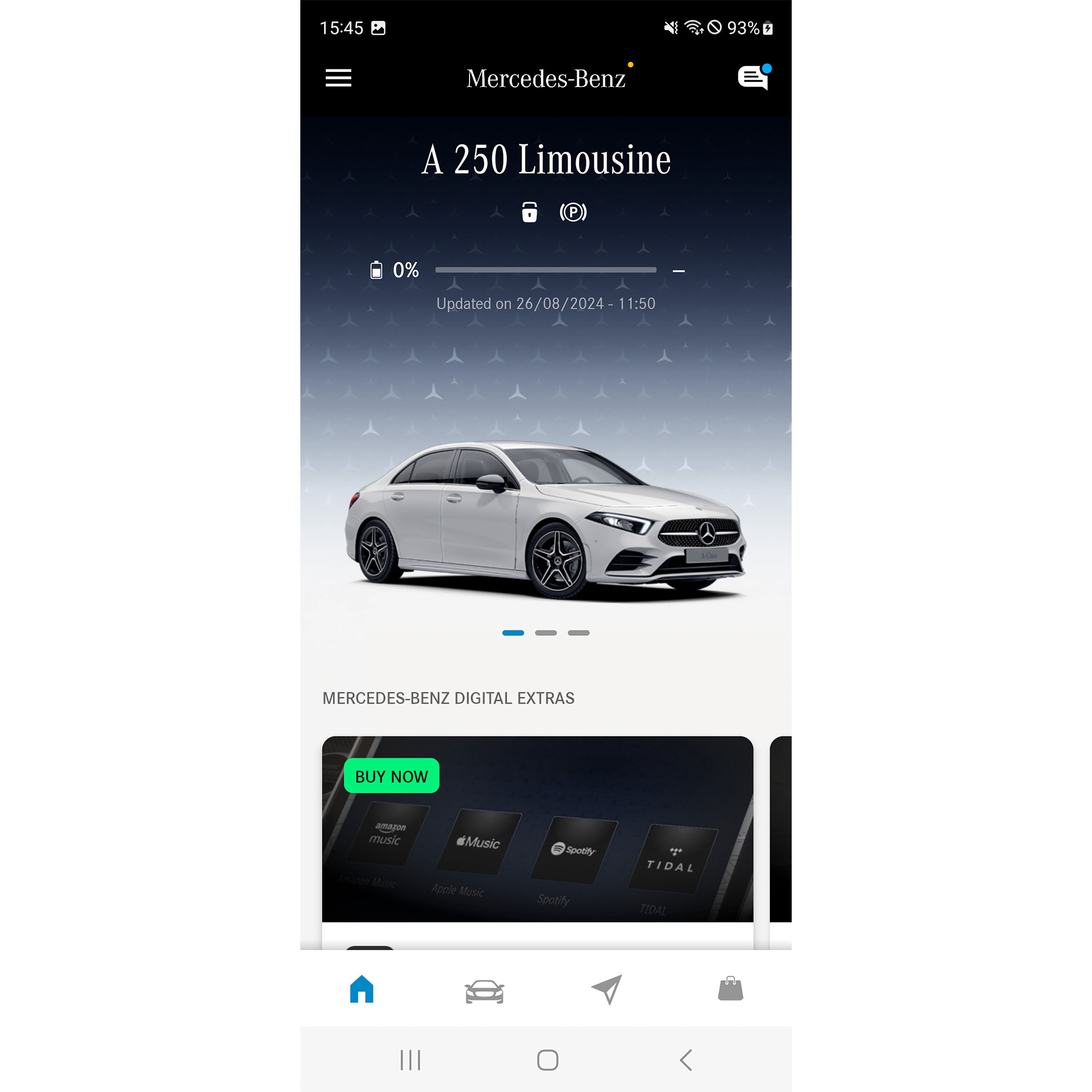 Mercedes-Benz alkalmazás | Alkalmazások | Mercedes-Benz Egy okostelefonon a Mercedes-Benz Alkalmazás menüje a Digitális extrafelszereltségek elérhető funkcióit jeleníti meg a navigáció, a távoli elérés és a GUARD 360˚ témakörében.