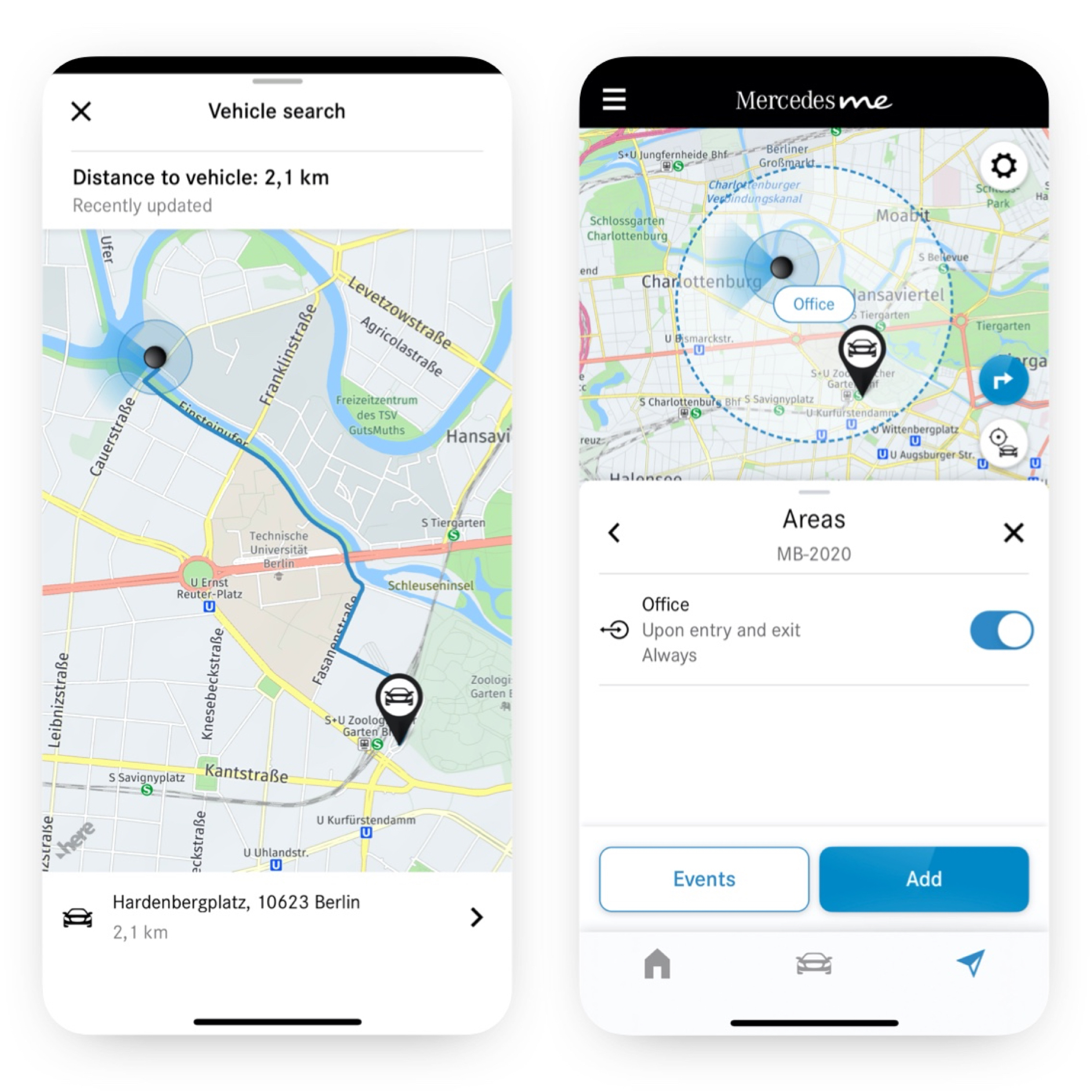 Földrajzi járműkövetés | Excellence csomag | Mercedes-Benz Egy okostelefonon a Földrajzi járműkövetés Digitális extrafelszereltségnek köszönhetően megjelenik, hogy a jármű egy meghatározott területen belül vagy kívül halad.