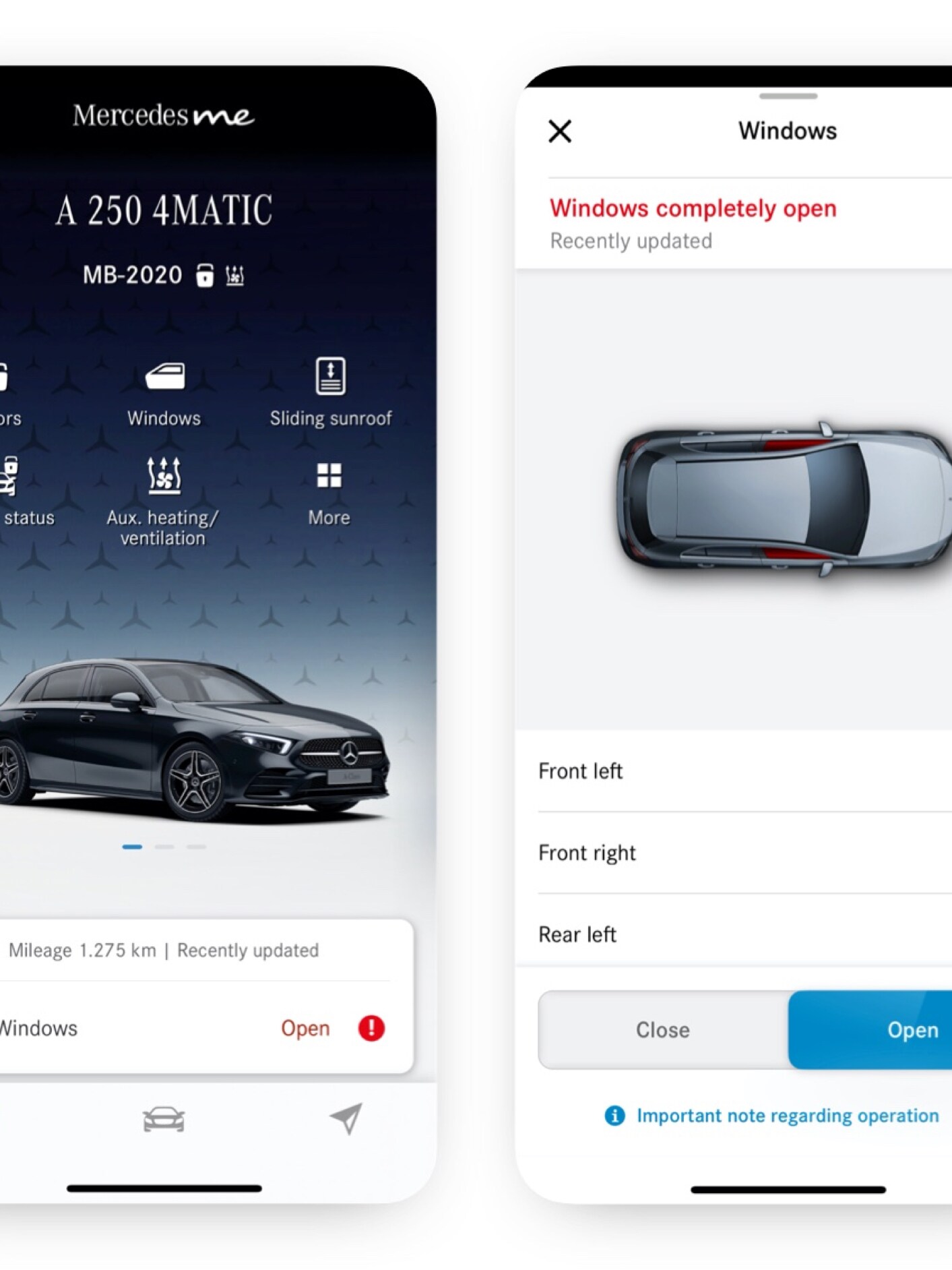 Egy okostelefonon azok a különböző ábrák láthatóak, amelyek akkor jelennek meg, amikor a Távoli ablak nyitás és zárás Digitális extrafelszereltség érzékeli, hogy nincs bezárva mindegyik ablak.