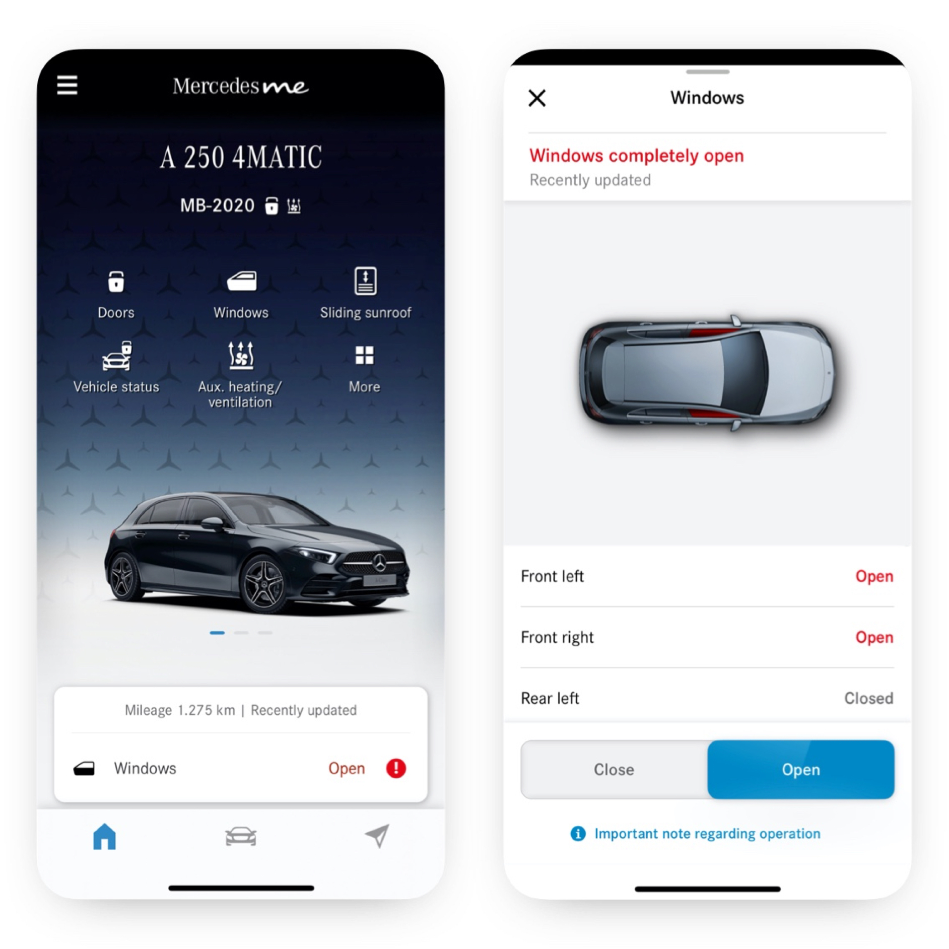 Távoli ablaknyitás és -zárás | Excellence csomag | Mercedes-Benz Egy okostelefonon azok a különböző ábrák láthatóak, amelyek akkor jelennek meg, amikor a Távoli ablak nyitás és zárás Digitális extrafelszereltség érzékeli, hogy nincs bezárva mindegyik ablak.