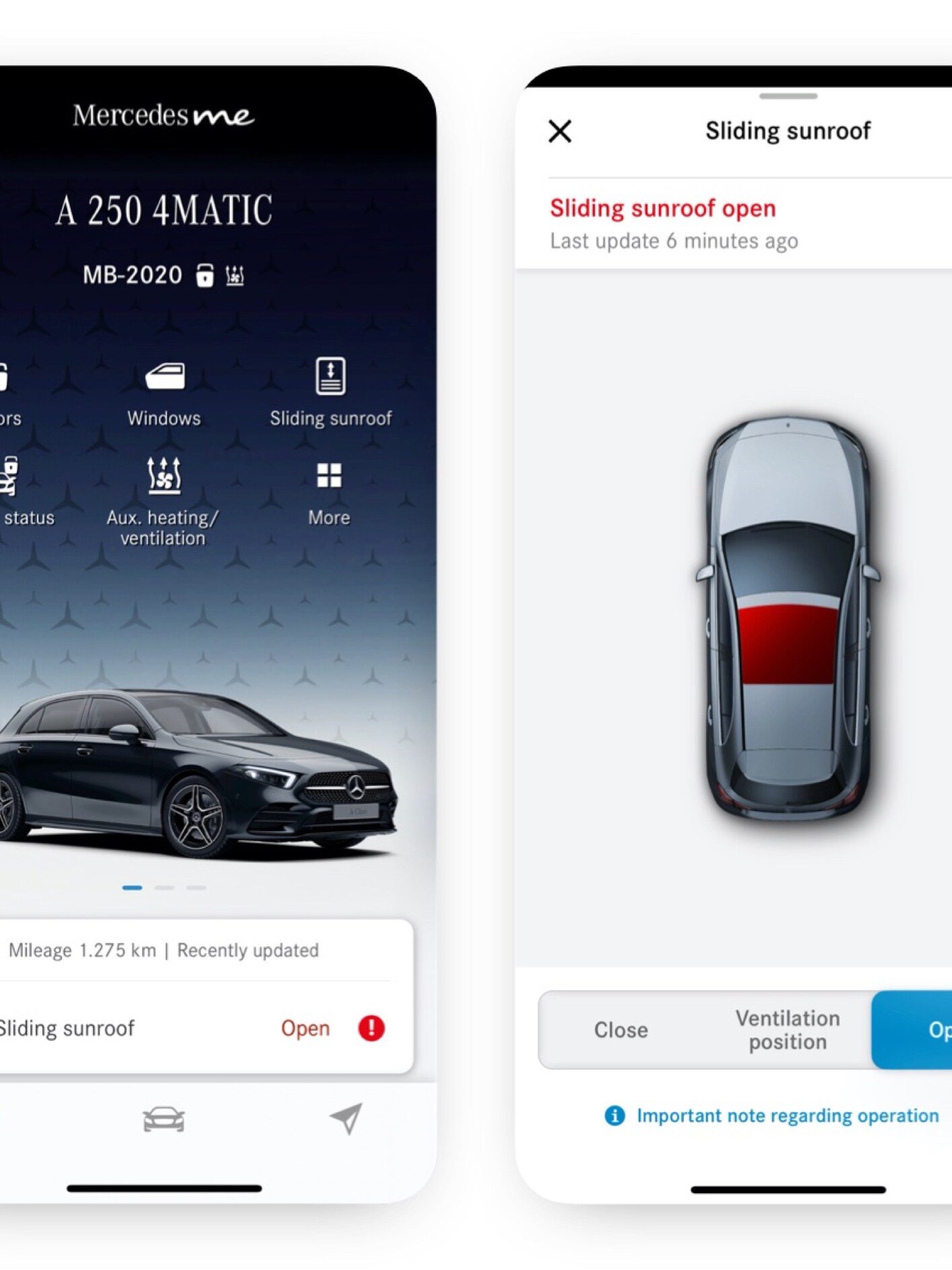Egy okostelefonon azok a különböző ábrák láthatóak, amelyek akkor jelennek meg, amikor a Távoli ablak- és tolótető nyitás és zárás Digitális extrafelszereltség érzékeli, hogy nincs bezárva mindegyik ablak.