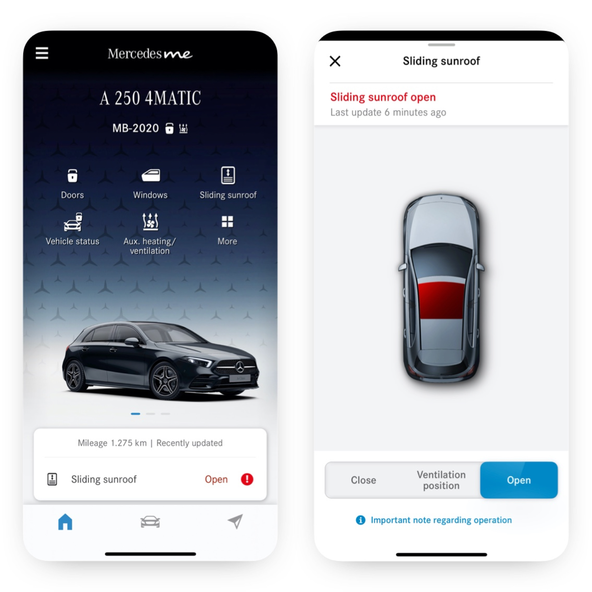 Ablak/tolótető távvezérlés | Excellence csomag | Mercedes-Benz Egy okostelefonon azok a különböző ábrák láthatóak, amelyek akkor jelennek meg, amikor a Távoli ablak- és tolótető nyitás és zárás Digitális extrafelszereltség érzékeli, hogy nincs bezárva mindegyik ablak.