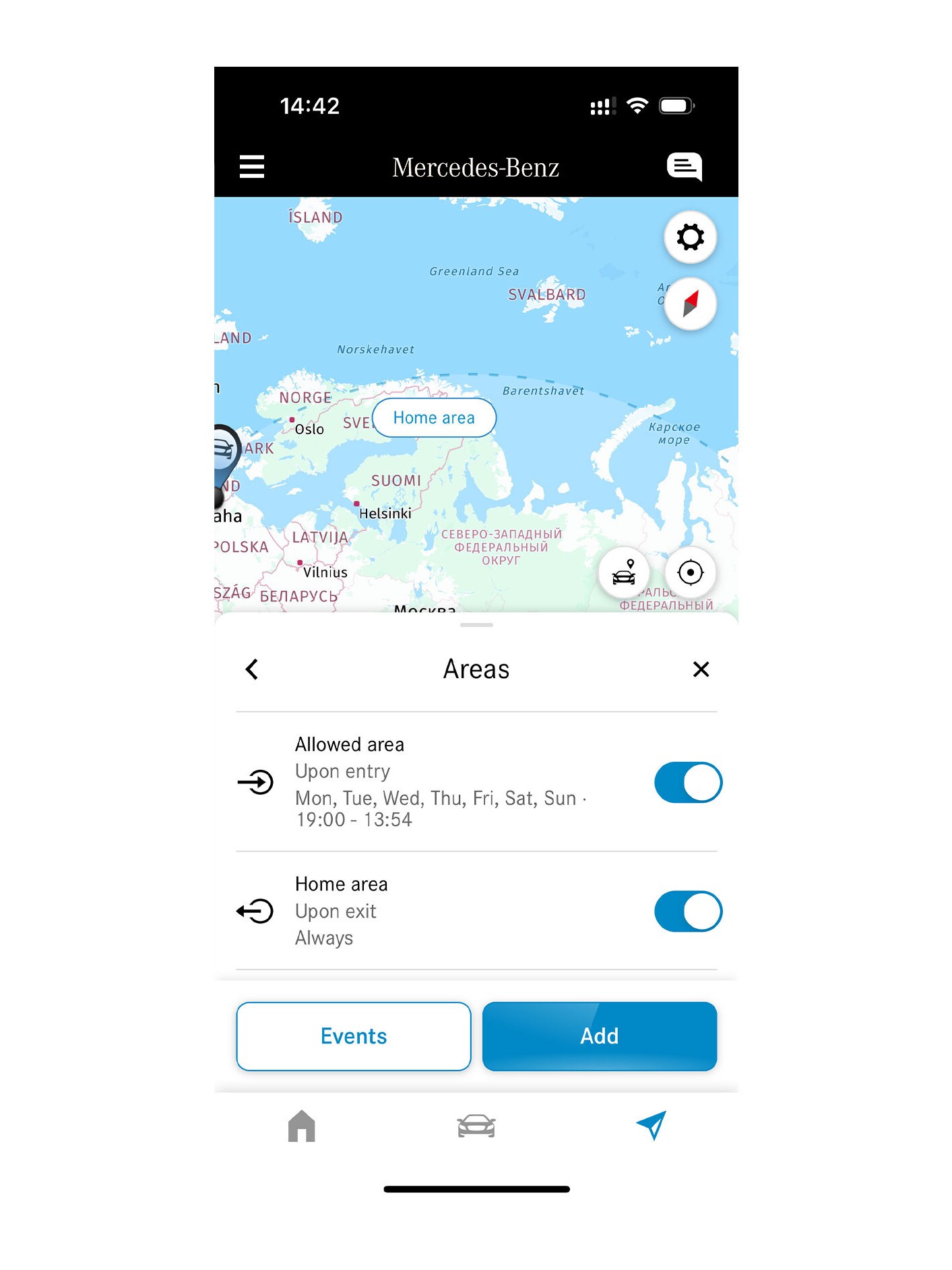Egy okostelefonon a Földrajzi járműkövetés Digitális extrafelszereltségnek köszönhetően megjelenik, hogy a jármű egy meghatározott területen belül vagy kívül halad.