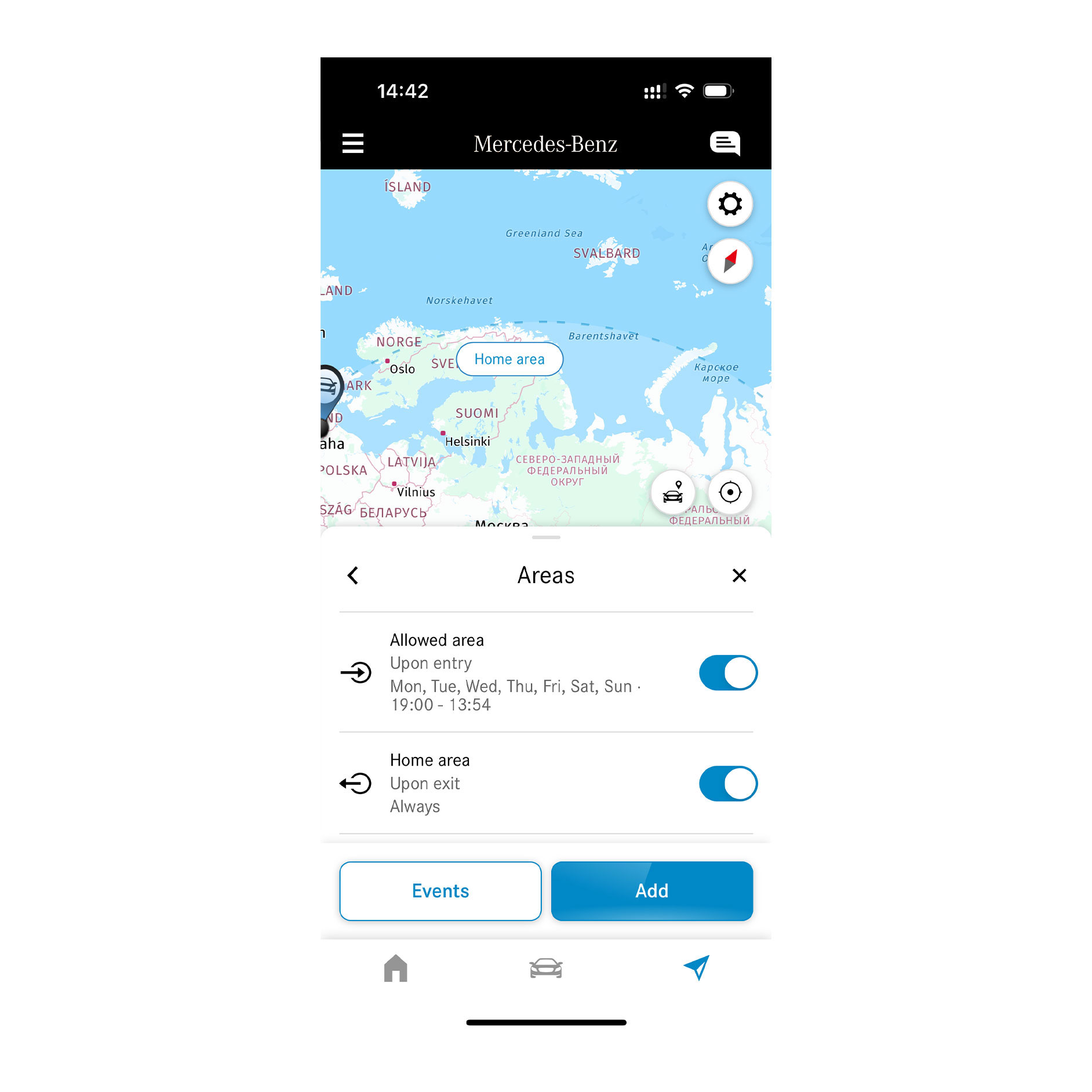 Földrajzi járműkövetés | Távoli elérés | Mercedes-Benz Egy okostelefonon a Földrajzi járműkövetés Digitális extrafelszereltségnek köszönhetően megjelenik, hogy a jármű egy meghatározott területen belül vagy kívül halad.