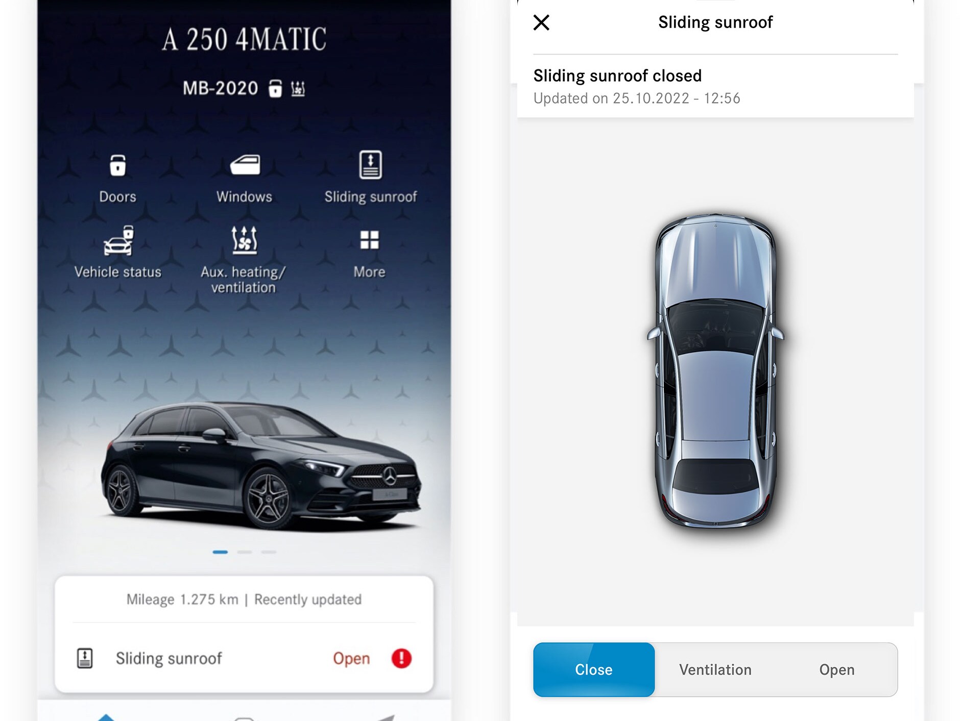 Egy okostelefonon azok a különböző képernyők láthatók, amelyek akkor jelennek meg, amikor a Távoli ablak- és tolótető nyitás és zárás Digitális extrafelszereltség érzékeli, hogy nincs bezárva mindegyik ablak.