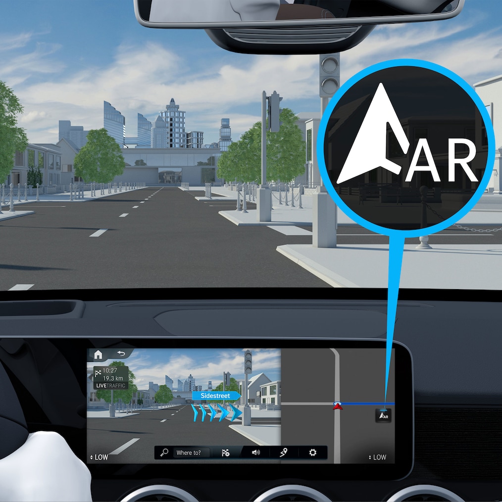 MBUX Augmented Reality funkció navigációhoz Digitális extrafelszereltség működése a Mercedes-Benz CLA Coupé modellben.