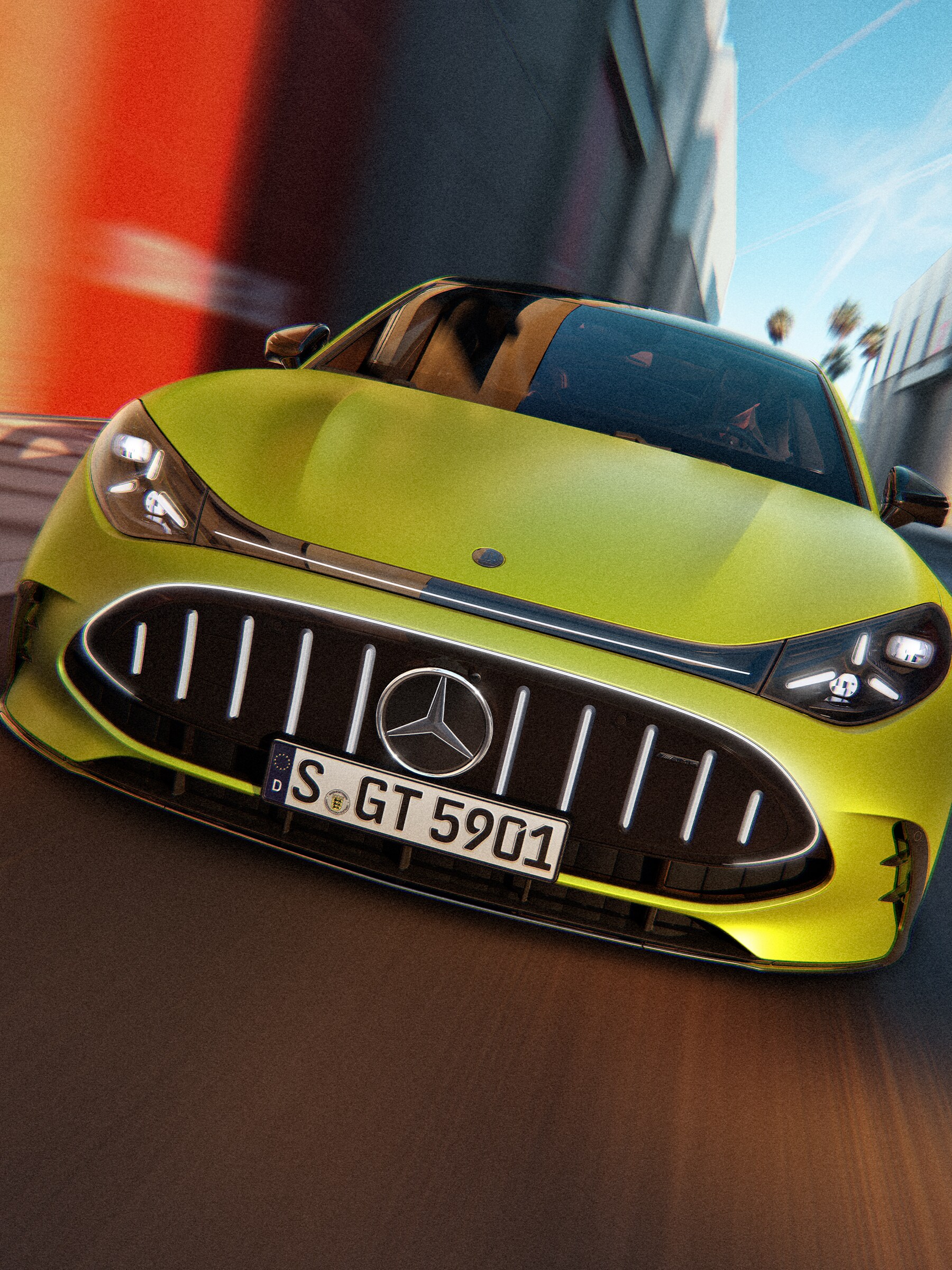 Az új Mercedes-AMG GT 4 ajtós Coupé megvilágított hűtőrácsa.
