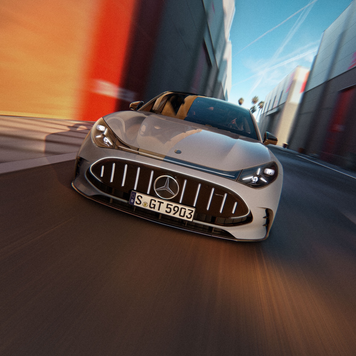 A Mercedes-AMG GT 4 ajtós Coupé elölnézete.