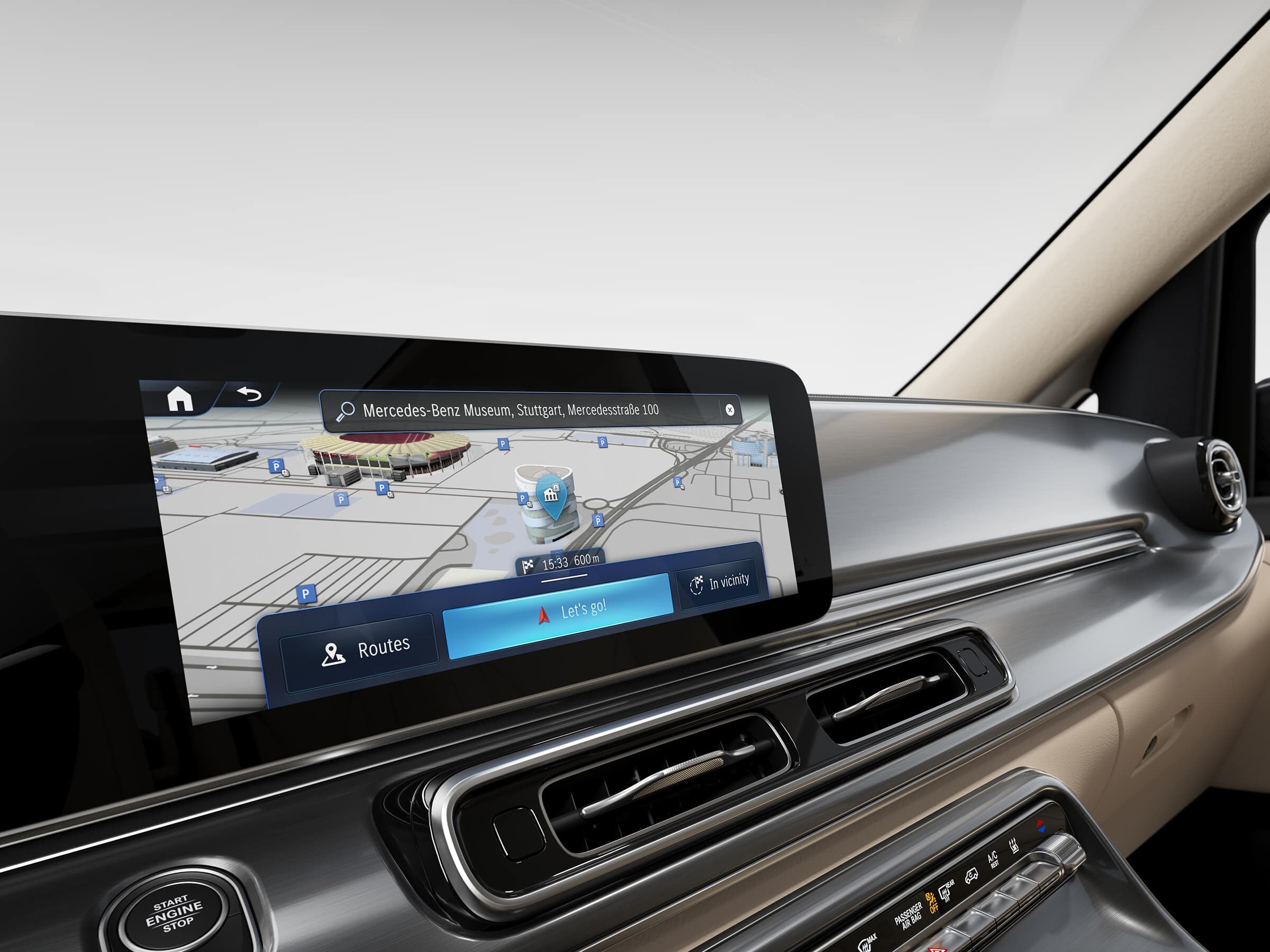 Mercedes-Benz Marco Polo HORIZON vezetőfülke MBUX infotainment-rendszerrel és okostelefon integrációval.
