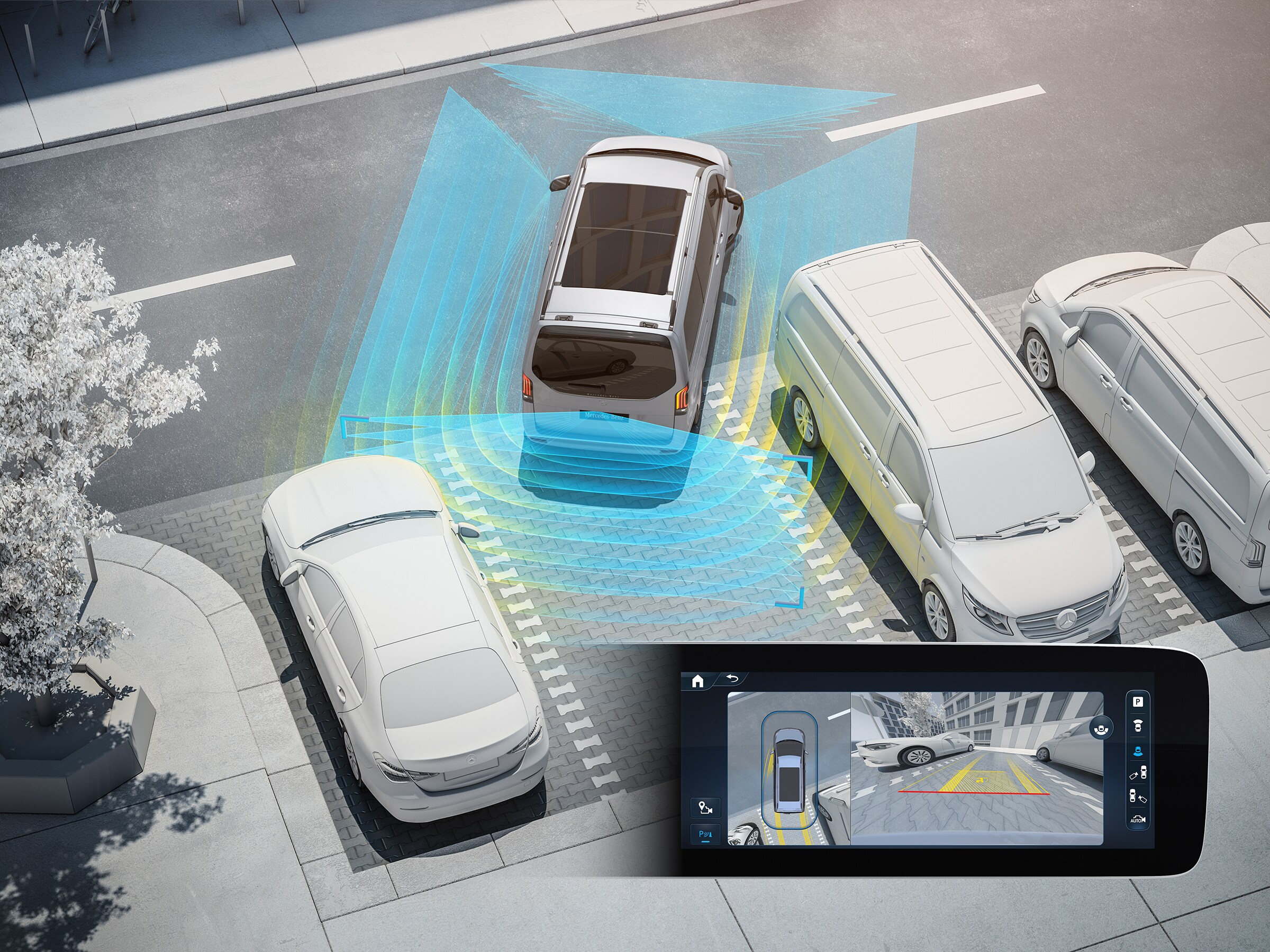 Mercedes-Benz Marco Polo parkolás csomag 360°-os látószögű kamerával.