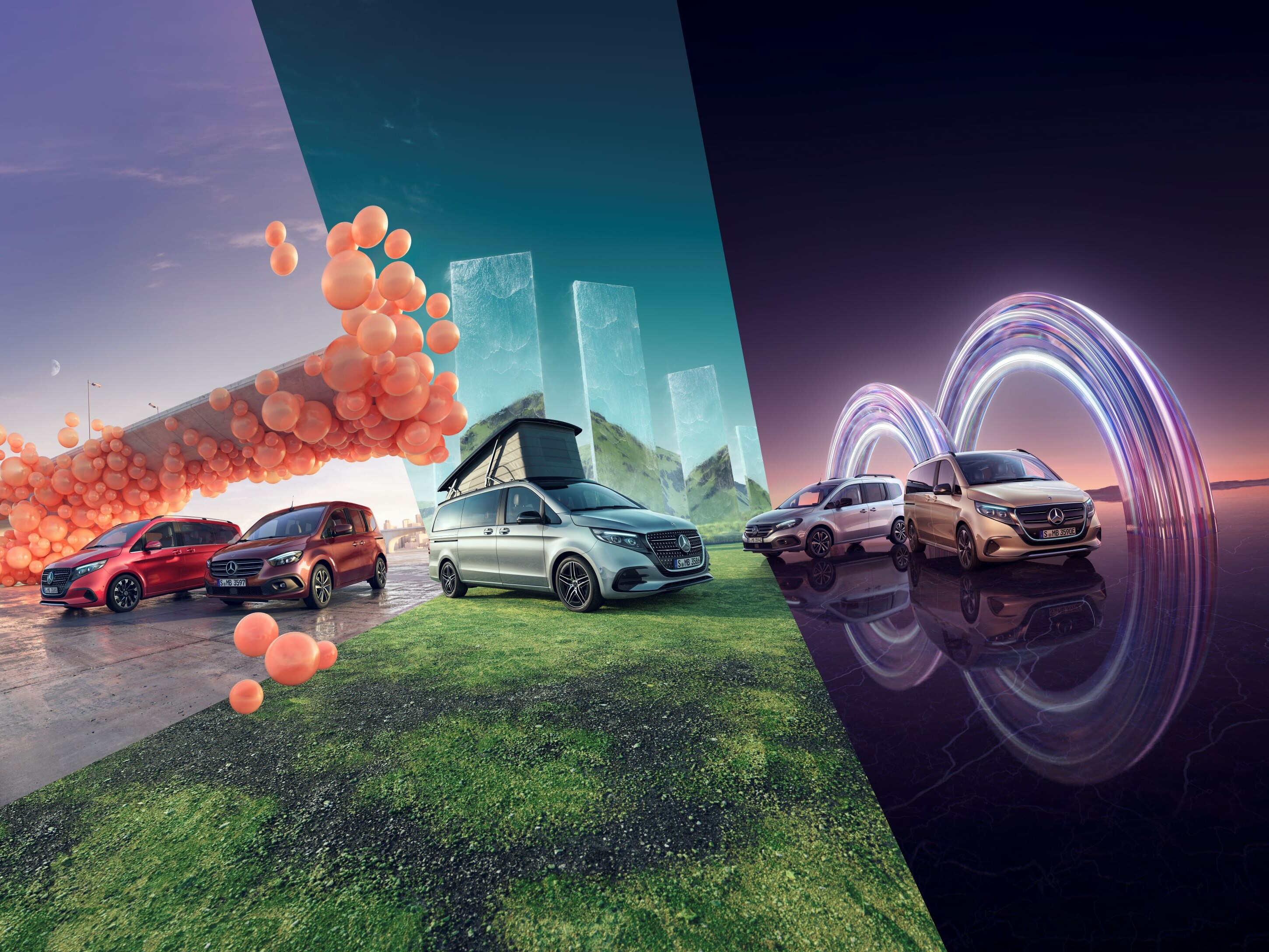 Családi egyterűek, buszlimuzinok és lakóautó modellek változatos háttér előtt.