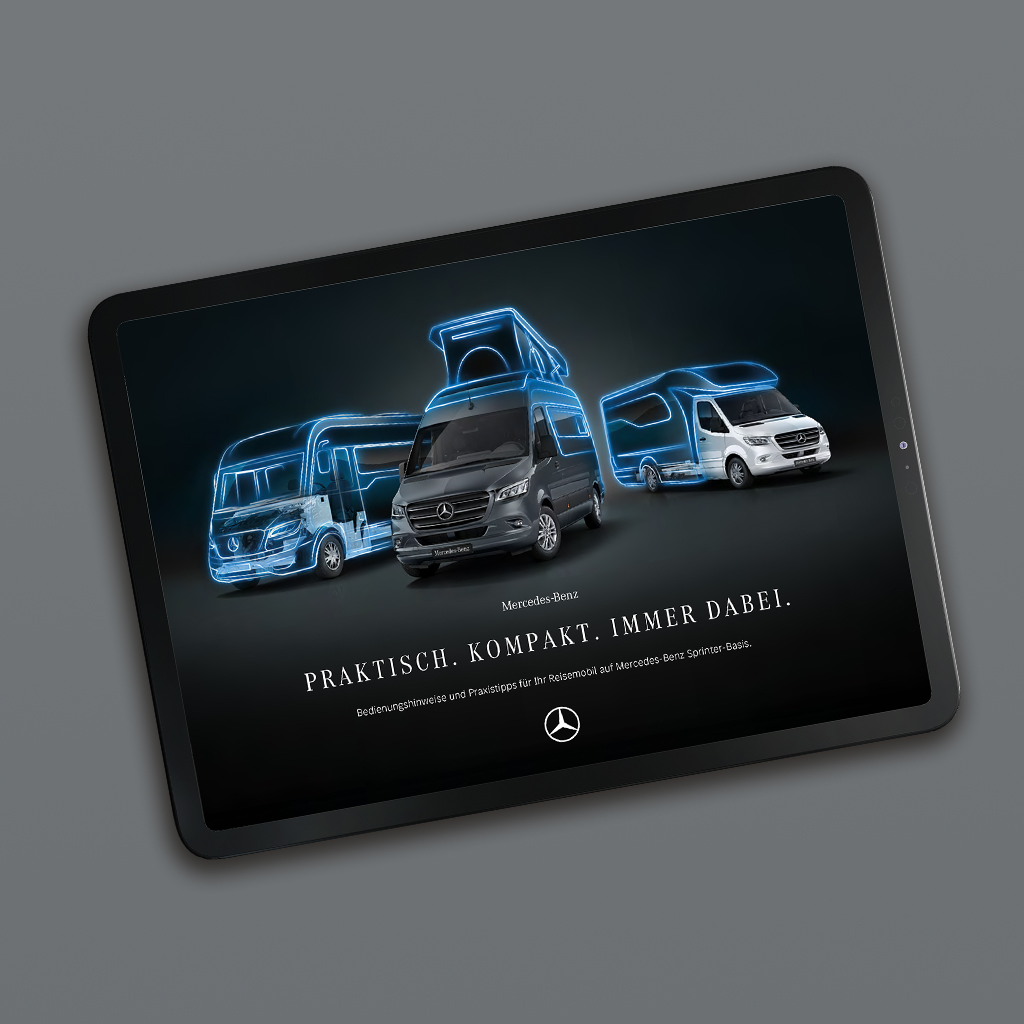 Sprinter lakóautók tableten | Sprinter lakóautók | Mercedes-Benz Egy tablet, amelyen a Mercedes-Benz Sprinter lakóautókról szóló digitális prospektus található.