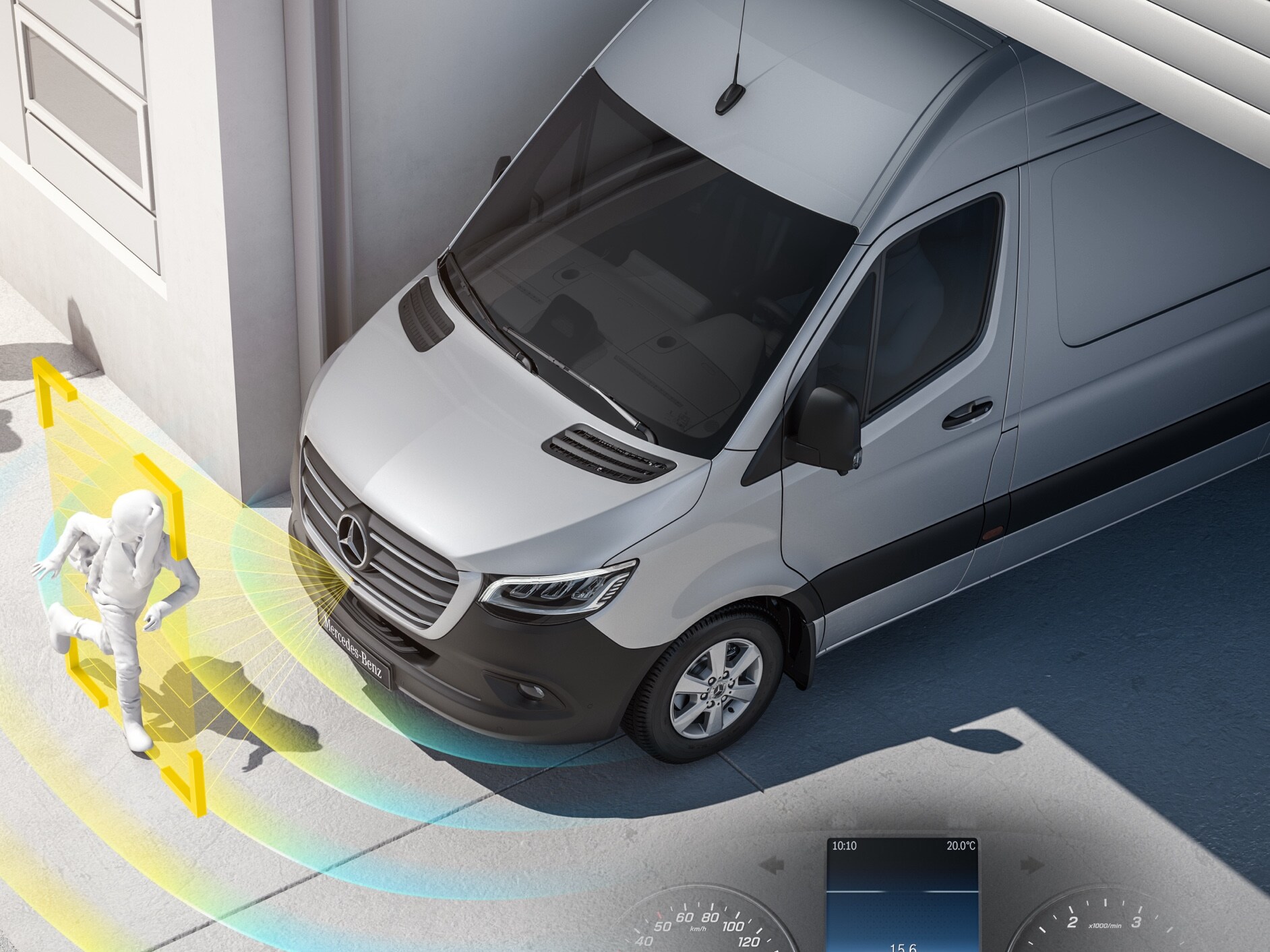 Mercedes‑Benz Sprinter aktív segédrendszerekkel, amelyek észlelik a közelben tartózkodó gyalogosokat, így növelve a vezető biztonságát.