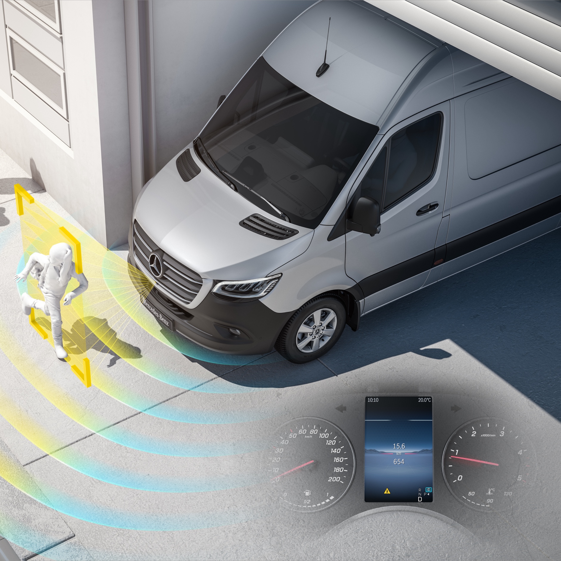 Digitális extrafelszereltségek | Sprinter lakóautók | Mercedes-Benz Mercedes‑Benz Sprinter aktív segédrendszerekkel, amelyek észlelik a közelben tartózkodó gyalogosokat, így növelve a vezető biztonságát.