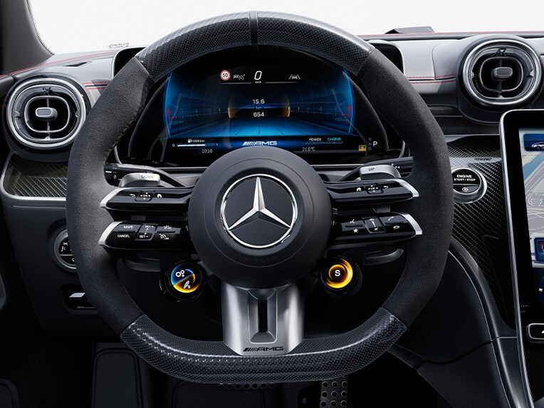 Az új Mercedes-AMG CLE Coupé AMG Performance kormánykereke karbonszál / MICROCUT mikroszálas borítással
