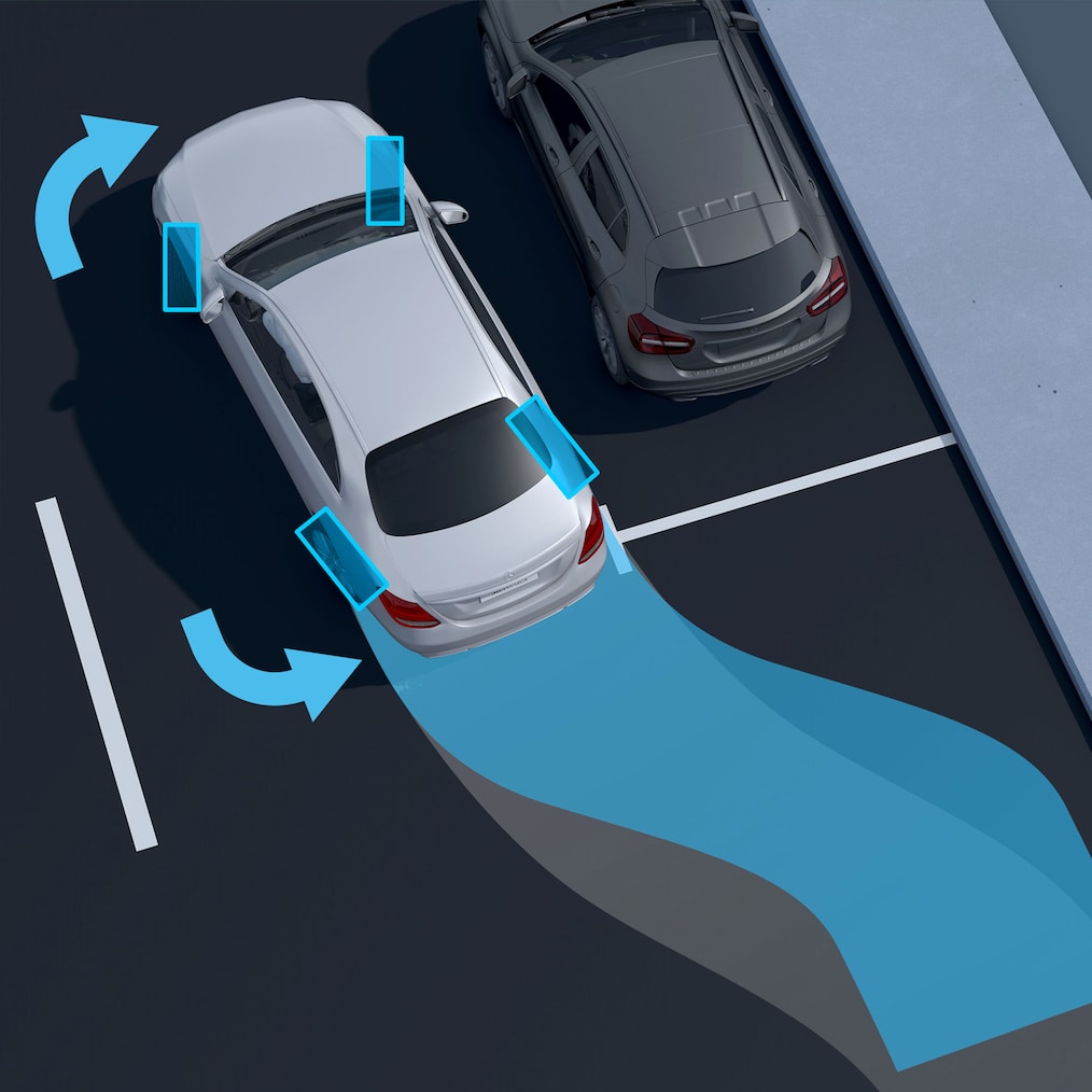 A Mercedes-Benz EQE limuzin hátsótengely-kormányzásának ábrázolása.