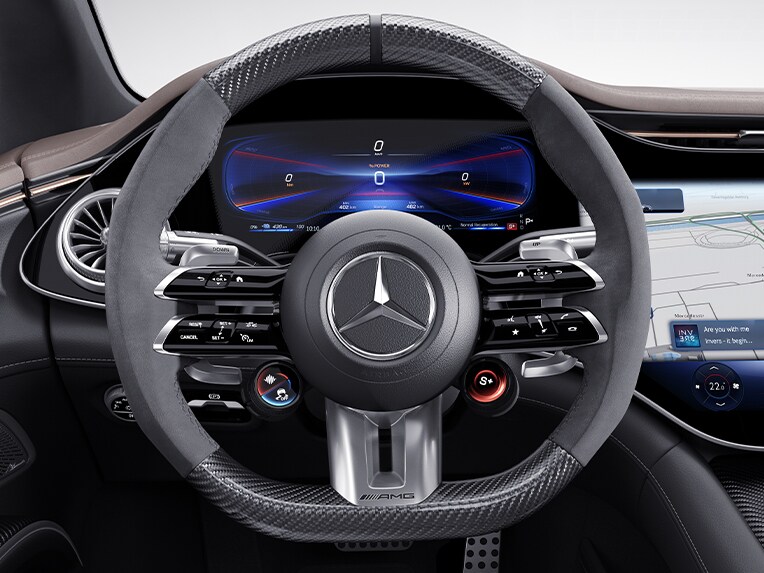 AMG Performance kormánykerék karbonszál / MICROCUT mikroszálas kárpitozással a Mercedes-AMG 53 4MATIC+ gépkocsiban.