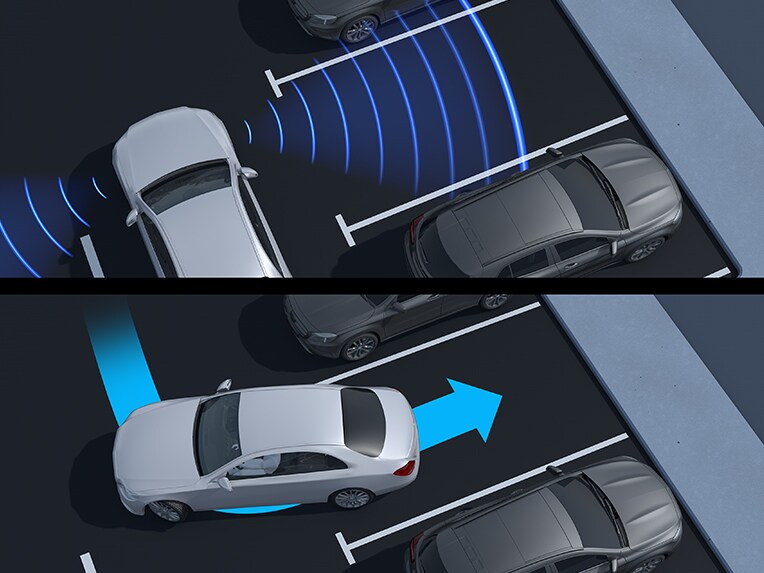Aktív PARKTRONIC parkolásasszisztens a Mercedes-Benz EQS limuzinban.