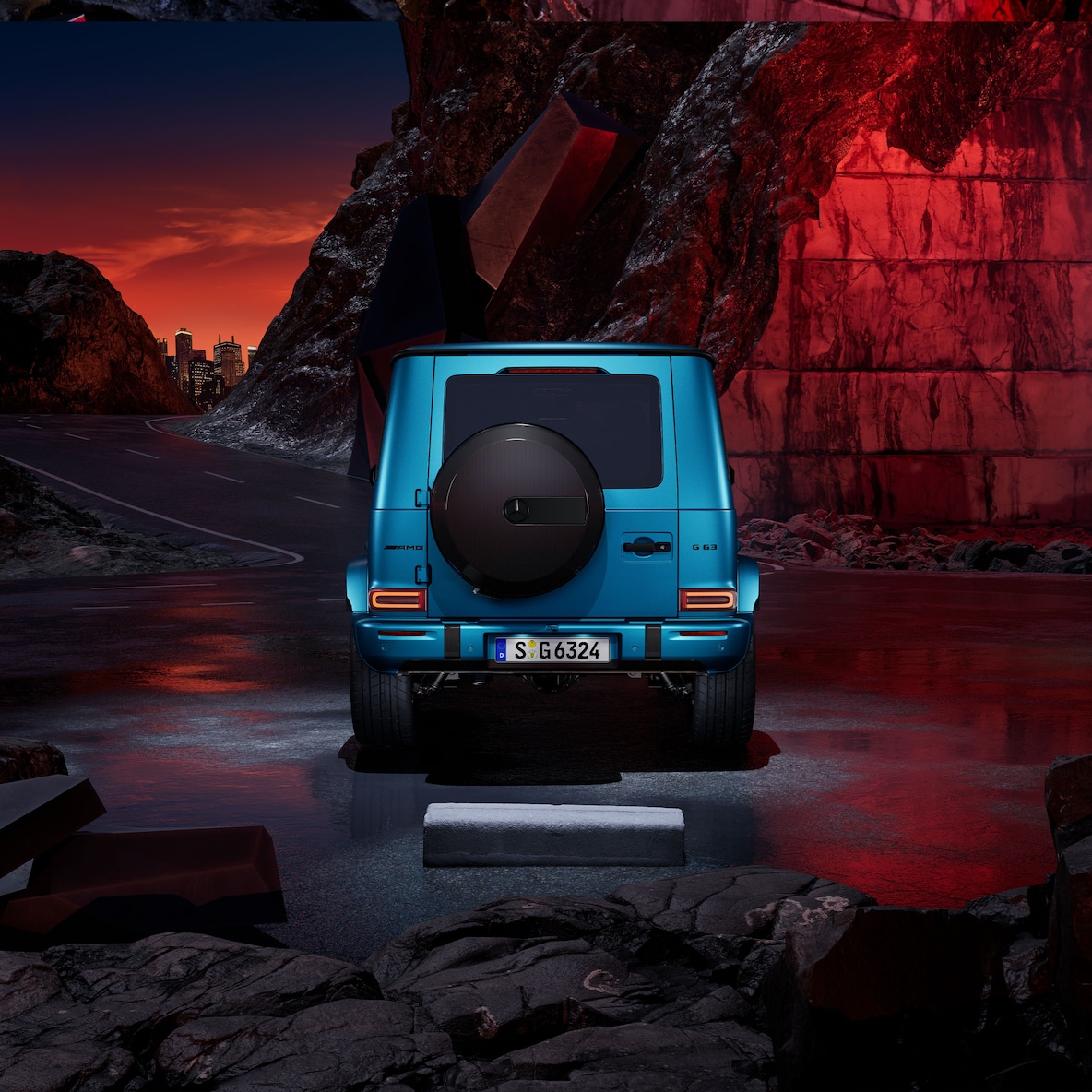 Az AMG külső karbon csomaggal rendelkező Mercedes-AMG G 63 elülső oldalnézete.