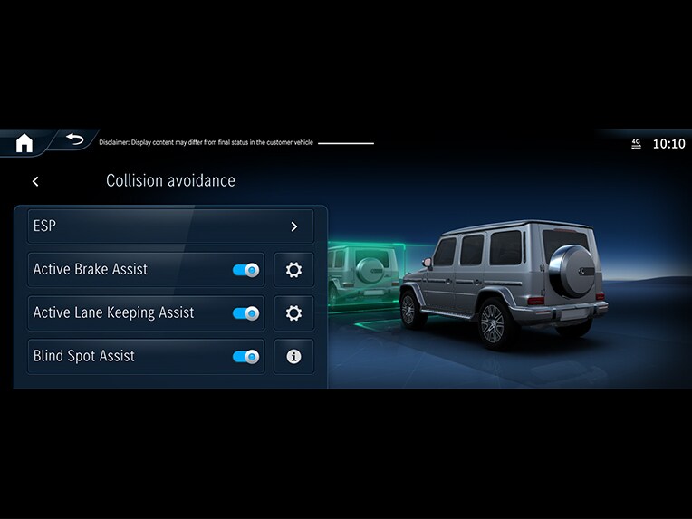 Az Aktív fékasszisztens működésének illusztrációja a Mercedes-Benz G-osztályban.