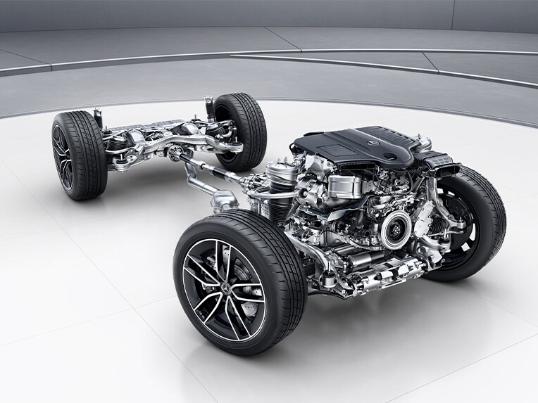 A Mercedes-Benz GLE 4MATIC összkerékhajtással szerelt hajtáslánca.