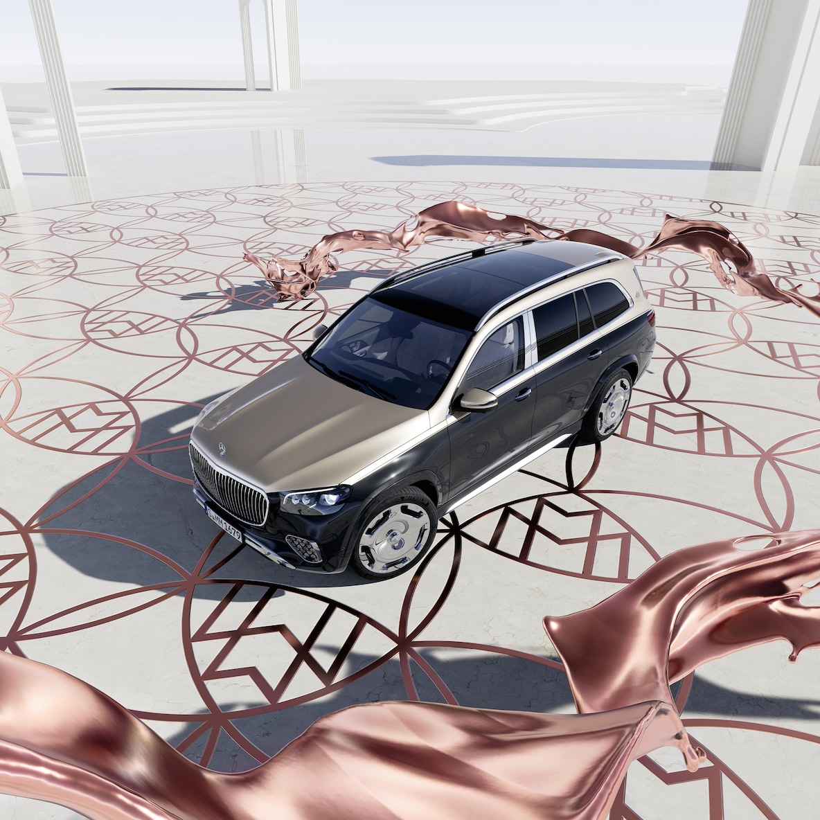 A Mercedes-Maybach GLS 600 elülső oldalnézete madártávlatból.