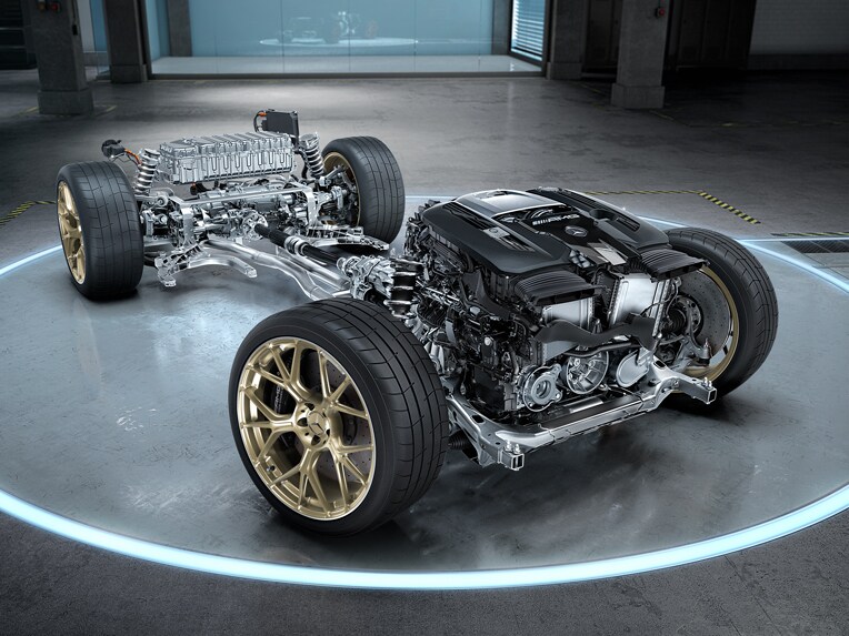 A Mercedes-AMG hajtásrendszerének illusztrációja.