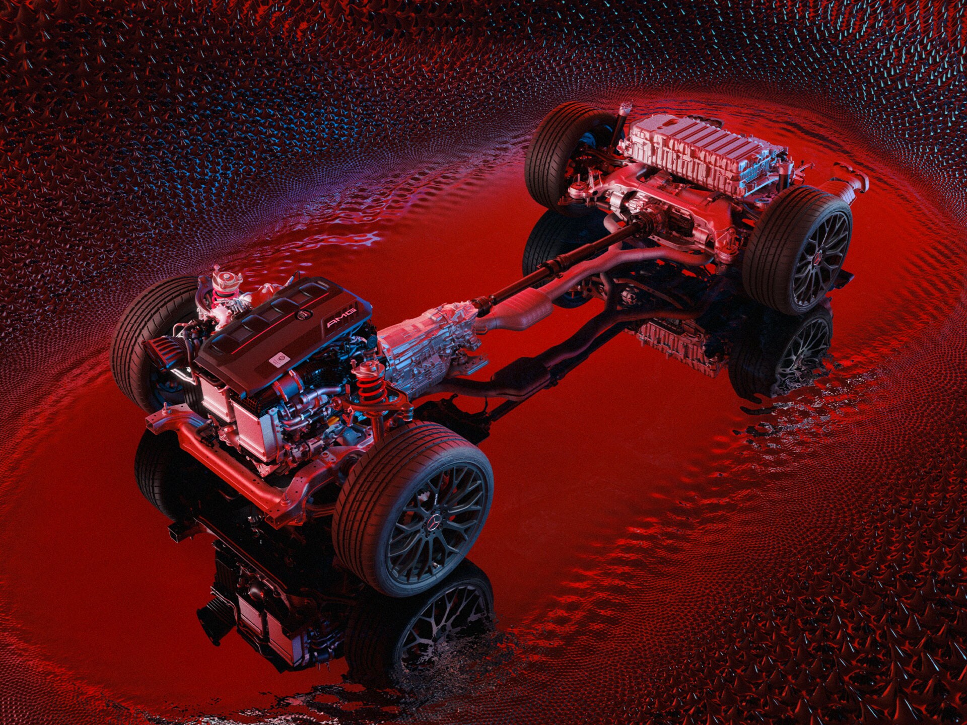 A Mercedes-AMG hibrid architektúrájának műszaki illusztrációja.