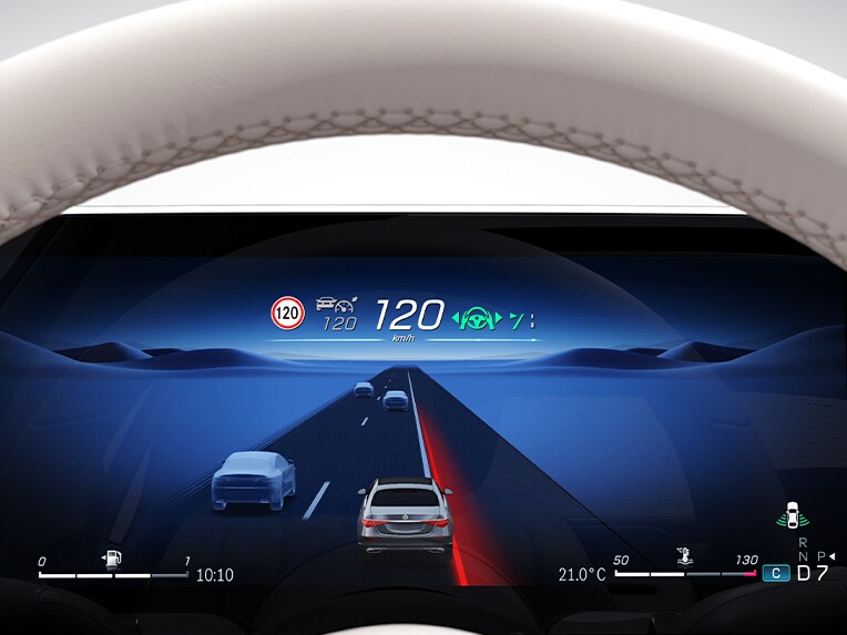 Az aktív sávtartó asszisztens képernyőn megjelenő grafikája a Mercedes-Benz S-osztály limuzinban.