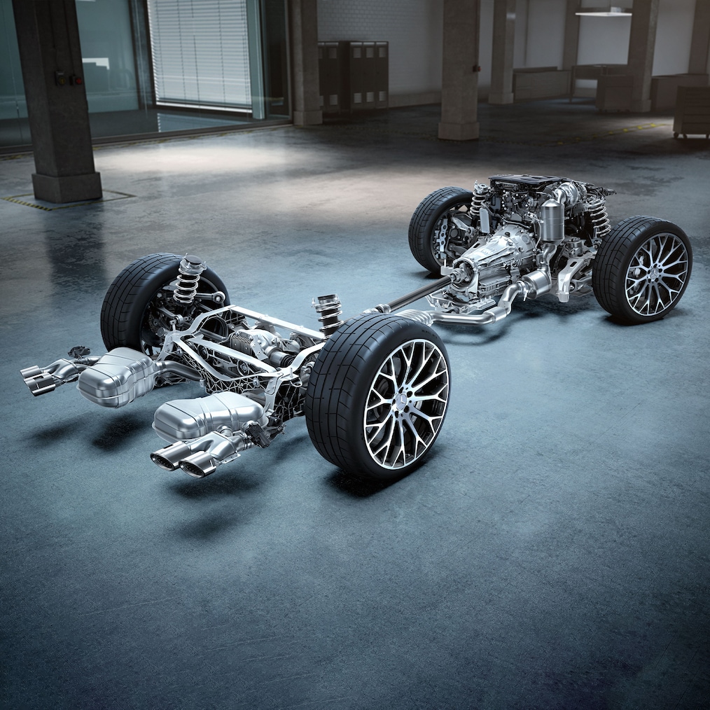 A Mercedes-AMG SL Roadster hajtáslánca műszaki környezetben.