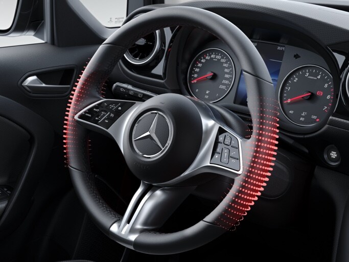 A fűthető multifunkciós kormánykerék a Mercedes-Benz T-osztály vezetőfülkéjében.