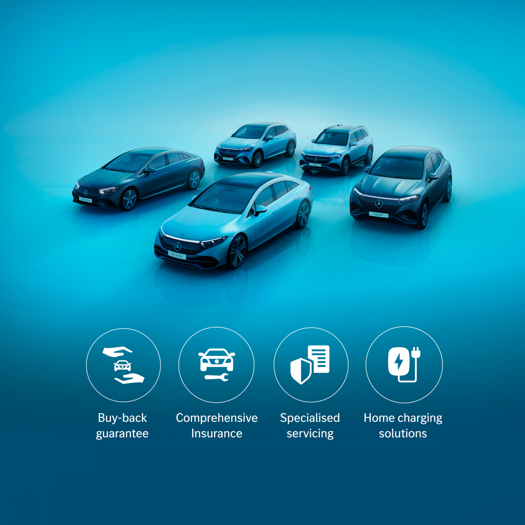 Elektromos hajtás Az elektromos Mercedes-Benz járművek széles választékát és az elektromos vezetés előnyeit ábrázoló kép