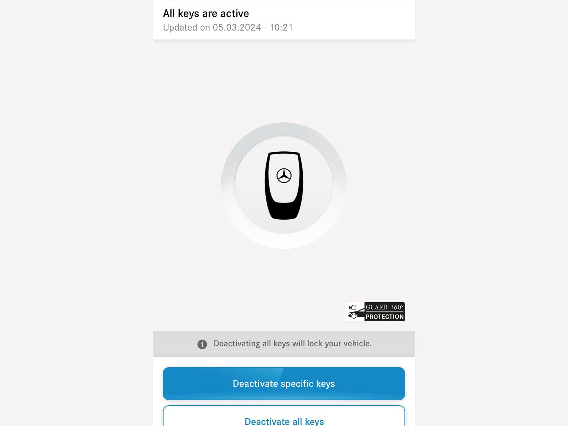 Egy okostelefonon megjelenik a Kulcs vészhelyzeti deaktiválása Digitális extrafelszereltség menüje.