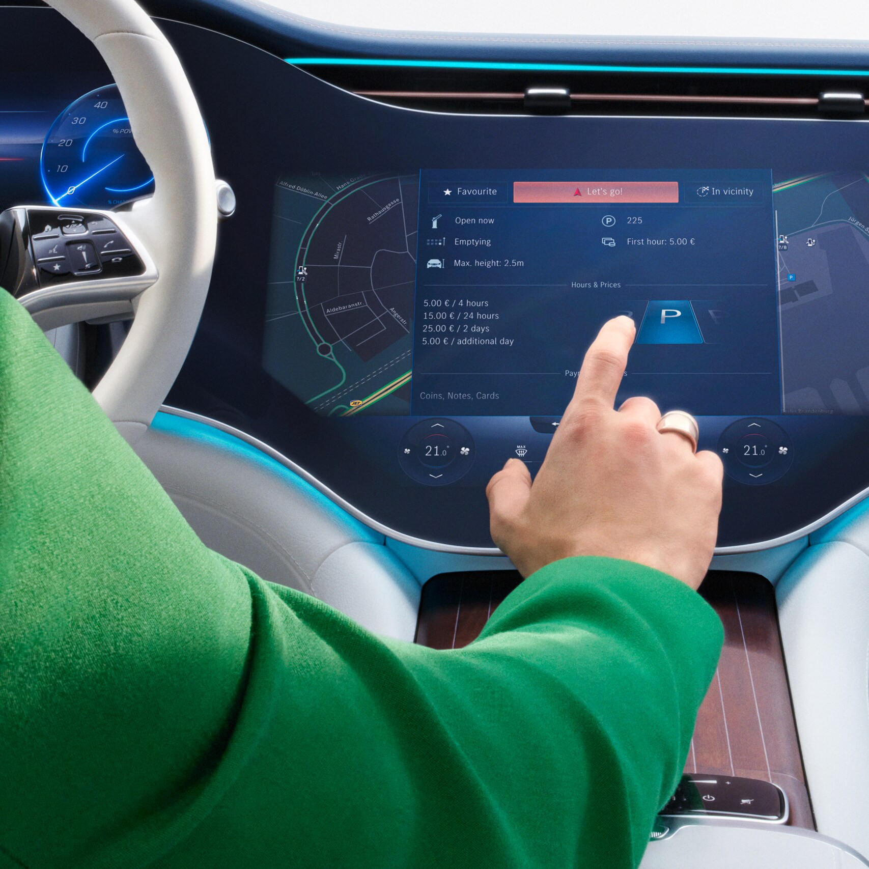 A Digitális extrafelszereltségek kiválasztása a Mercedes-Benz MBUX Multimédia rendszerének képernyőjén