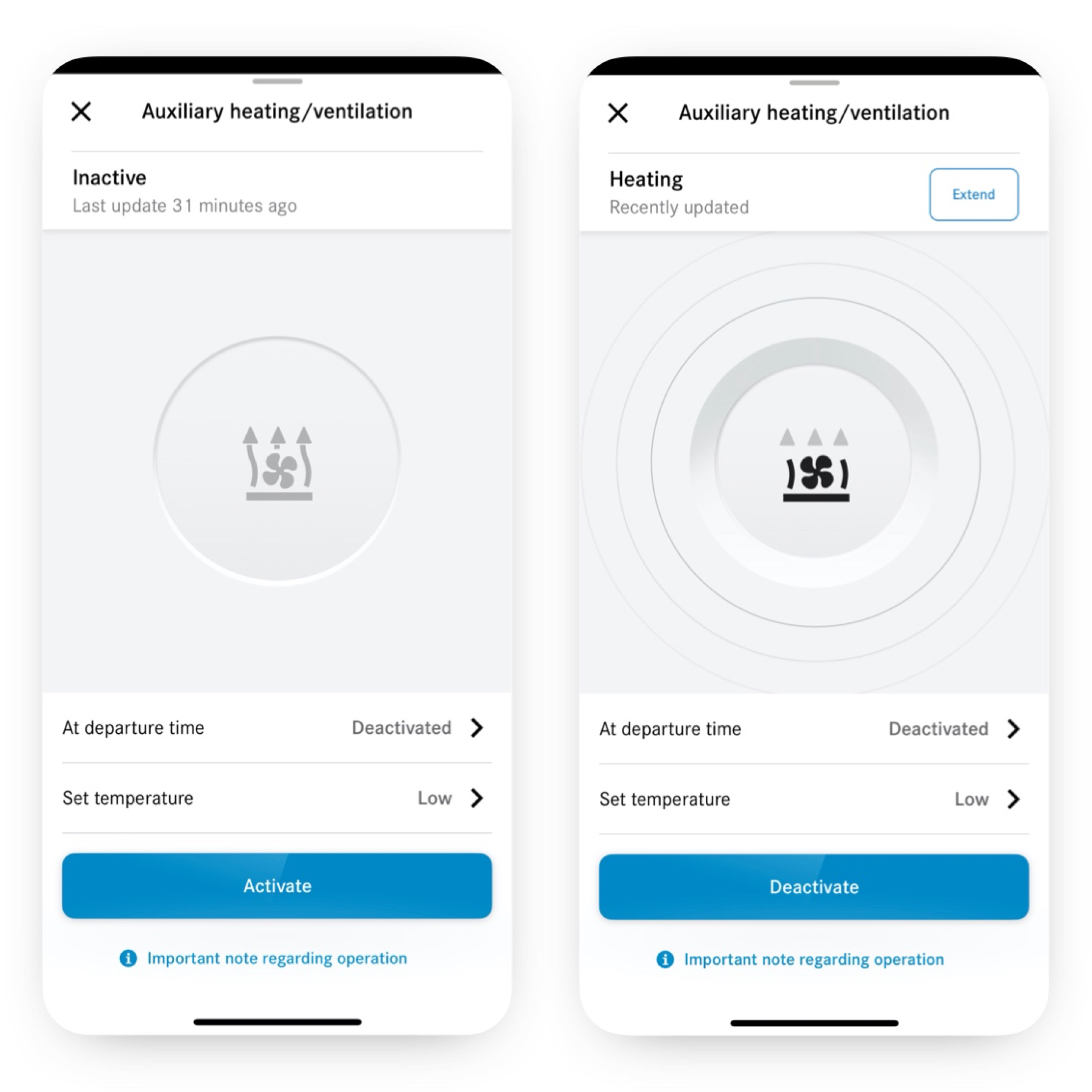 Állóhelyzeti fűtés/szellőztetés | Excellence csomag | Mercedes-Benz Az Állóhelyzeti fűtés/szellőztetés Digitális extrafelszereltség okostelefonon történő használatával éppen beállítják a klímaberendezést.