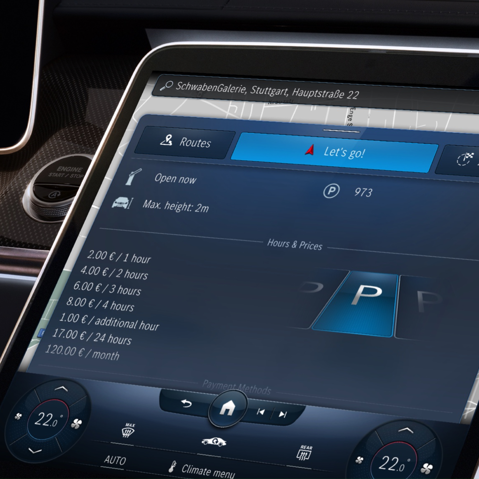 Parkolás a navigáció számára | Excellence csomag | Mercedes-Benz Az MBUX multimédia-rendszer kijelzőjén a Parkolási szolgáltatás a navigációhoz Digitális extrafelszereltségnek köszönhetően a rendelkezésre álló parkolóhelyek és esetenként azok tarifái is megjelennek.