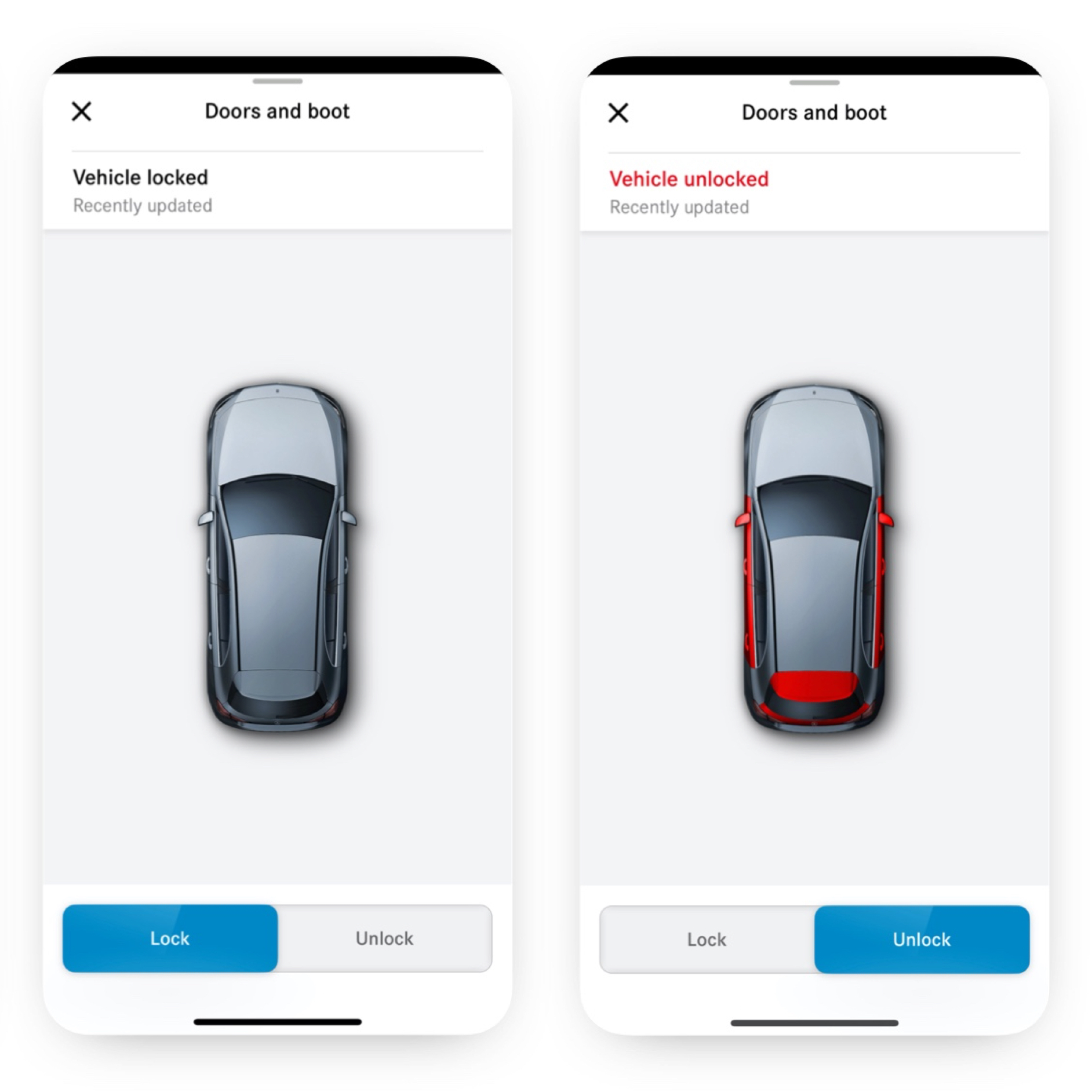 Távoli ajtónyitás és -zárás | Excellence csomag | Mercedes-Benz Az okostelefonon az látható, amely akkor jelenik meg, amikor a Távoli ajtónyitás és zárás Digitális extrafelszereltség érzékeli, hogy nincsen bezárva mindegyik ajtó.