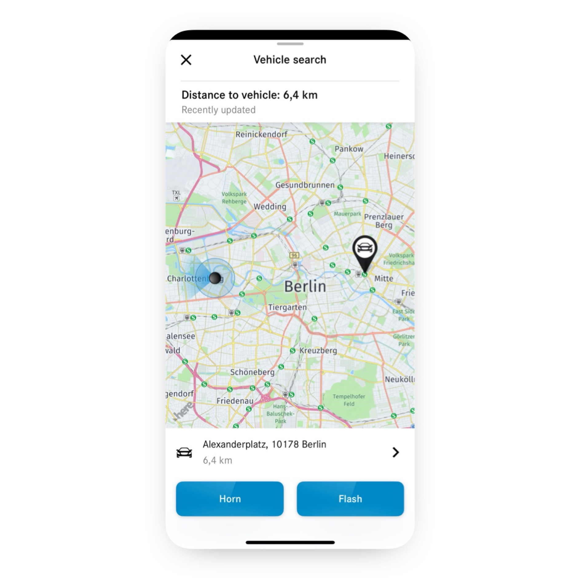 Leparkolt jármű helyzetének meghatározása | Excellence csomag | Mercedes-Benz Egy okostelefonon a Leparkolt jármű helyzetének meghatározása Digitális extrafelszereltséggel megjelenik egy Mercedes-Benz modell tartózkodási helye.