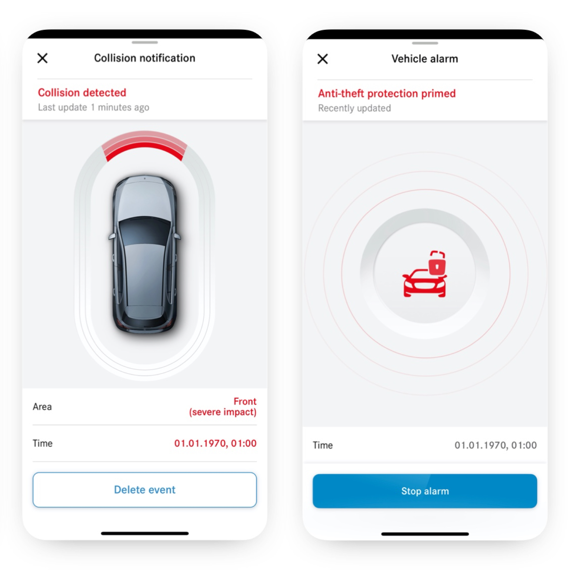 Lopás és parkolási sérülés értesítés | Excellence csomag | Mercedes-Benz Egy okostelefonon a lopás és parkolási sérülés értesítés Digitális extrafelszereltség jelzi, hogy ütközés történt.