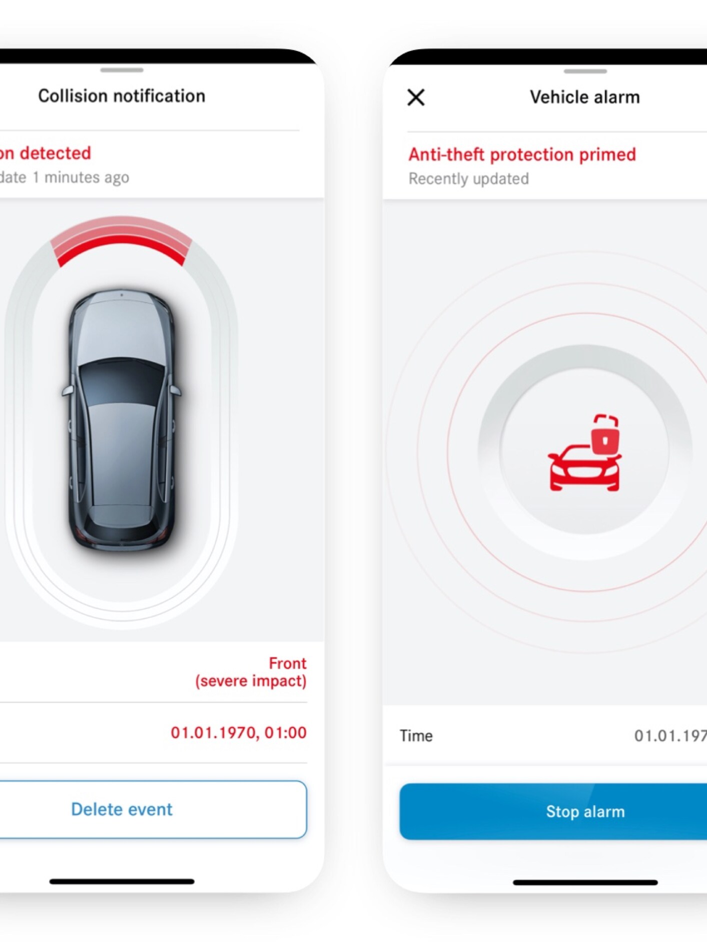 Egy okostelefonon a lopás és parkolási sérülés értesítés Digitális extrafelszereltség jelzi, hogy ütközés történt.
