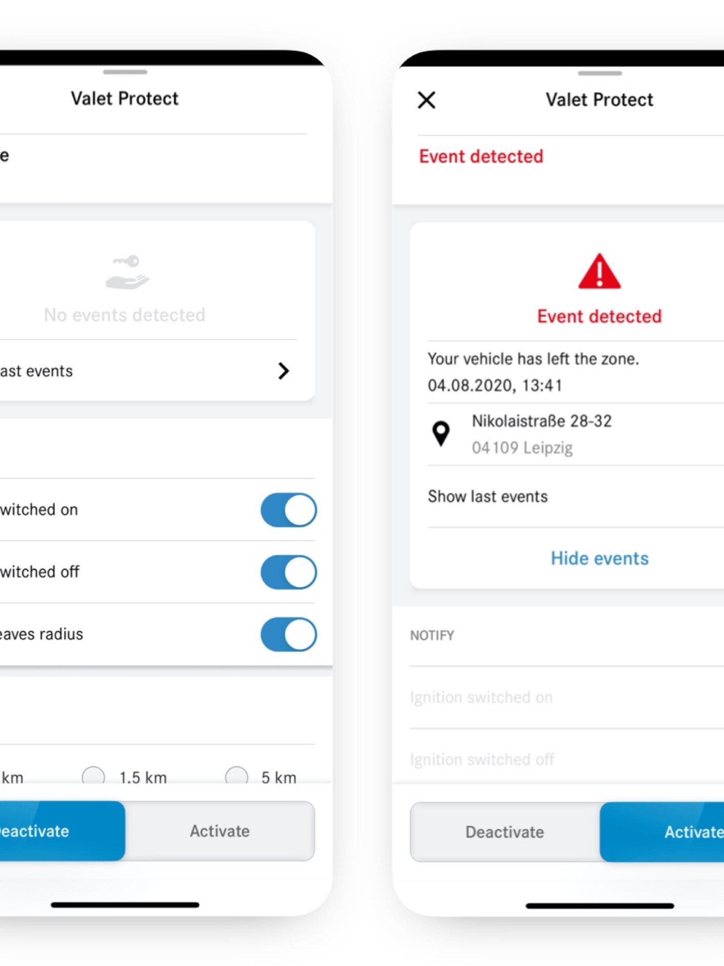 Itt egy okostelefonon láthatja azokat az ábrákat, amelyek akkor jelennek meg, ha a Parkolószolgálat védelem Digitális extrafelszereltség jogsértést észlel.