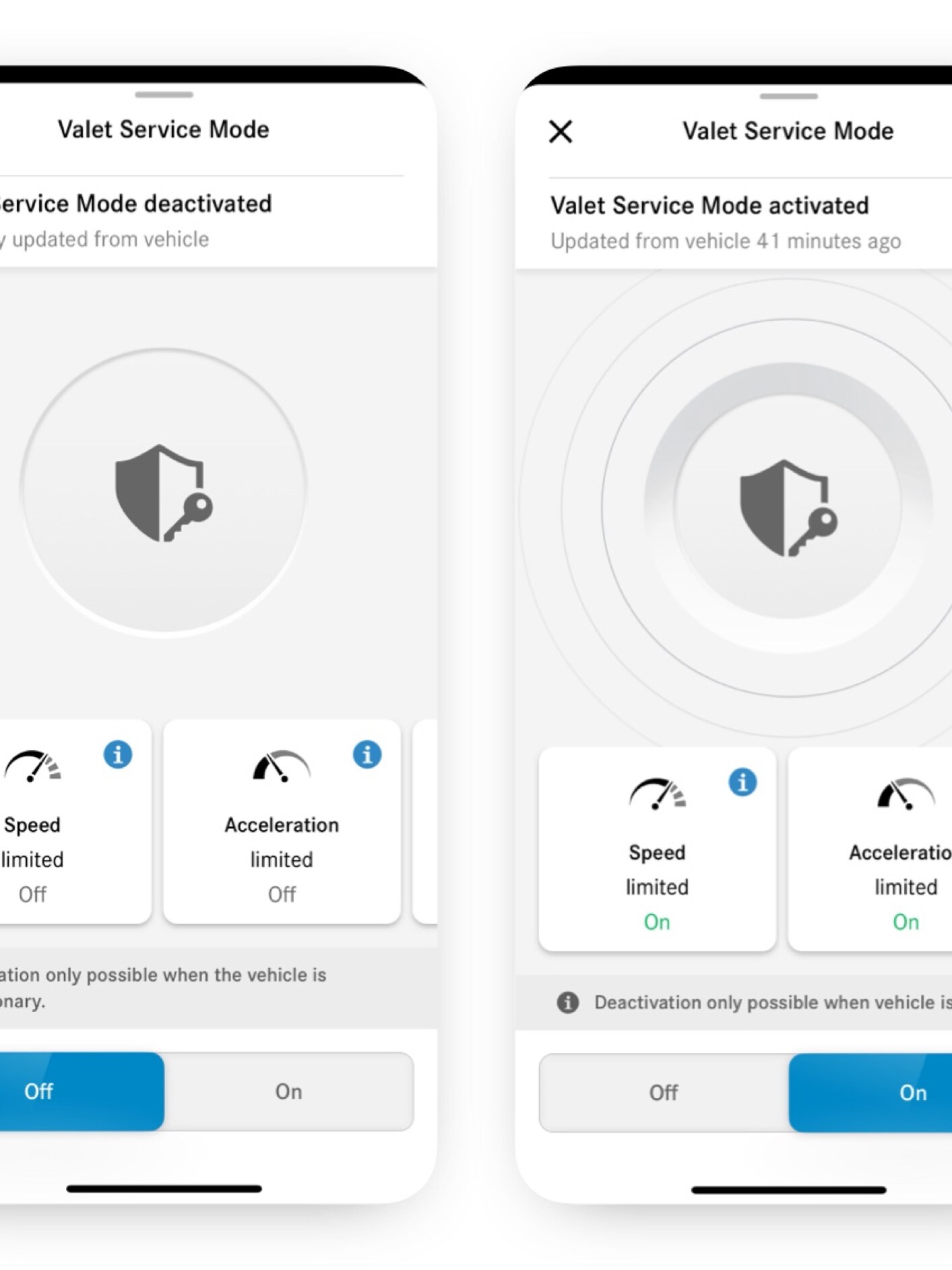 Az okostelefonon azok a különböző képernyők láthatók, amelyek akkor jelennek meg, amikor a Távvezérlés parkolási szolgáltatás módban Digitális extrafelszereltség aktiválva van.