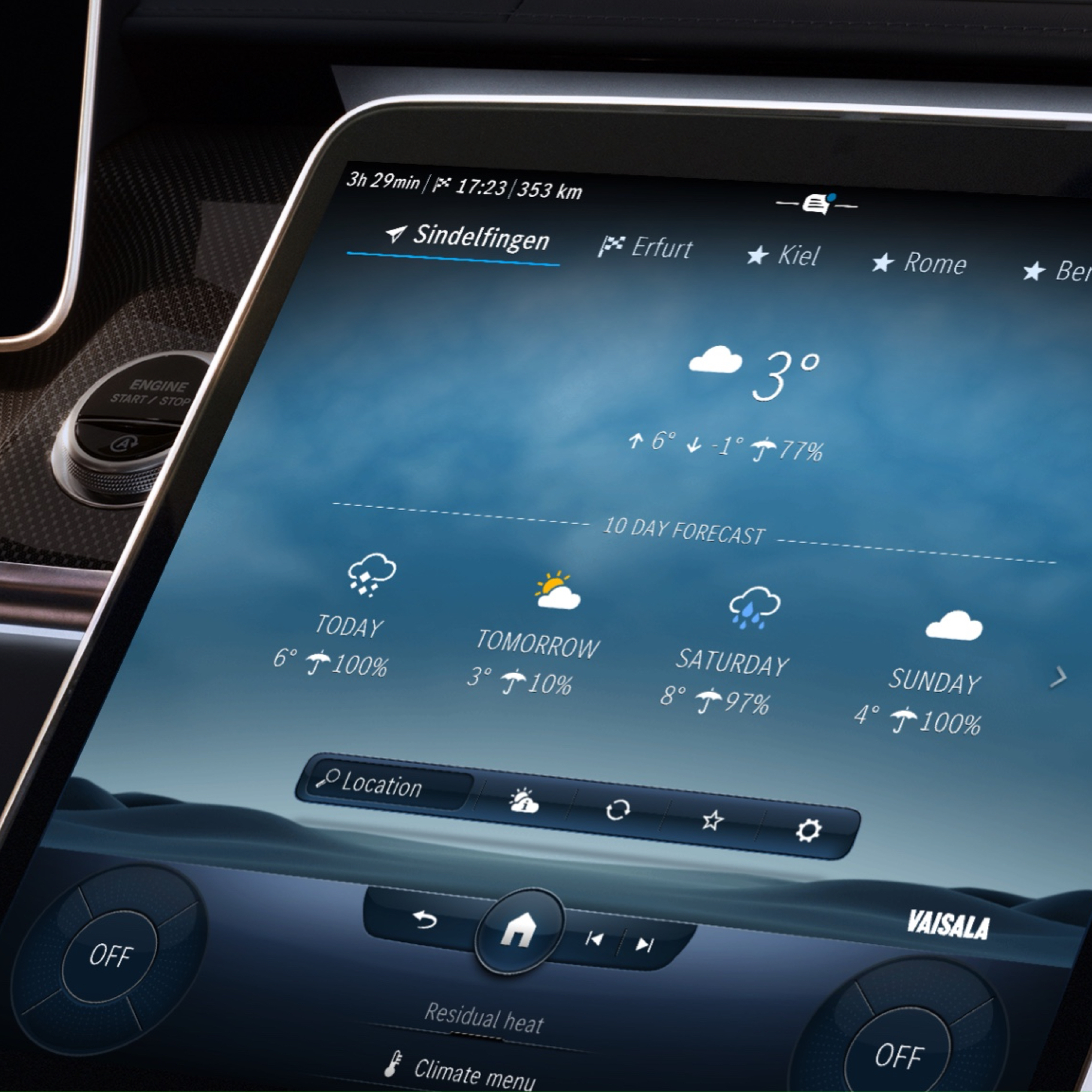 Időjárás-előrejelzés | Excellence csomag | Mercedes-Benz Az MBUX multimédia-rendszer az Időjárás-előrejelzés Digitális extrafelszereltségnek köszönhetően megjeleníti a célállomás időjárását.