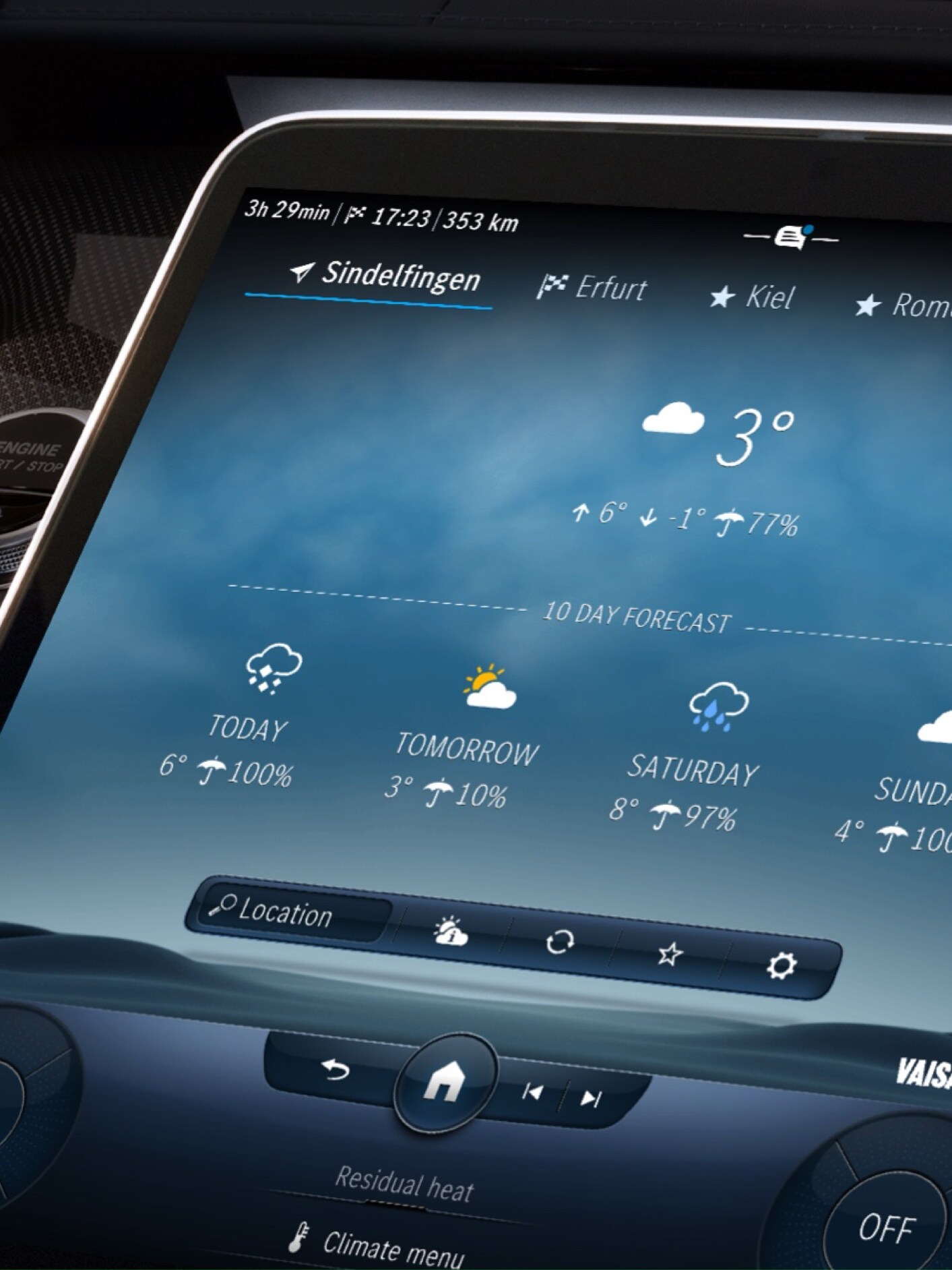 Az MBUX multimédia-rendszer az időjárás-előrejelzés Digitális extrafelszereltségnek köszönhetően megjeleníti a célállomás időjárását.
