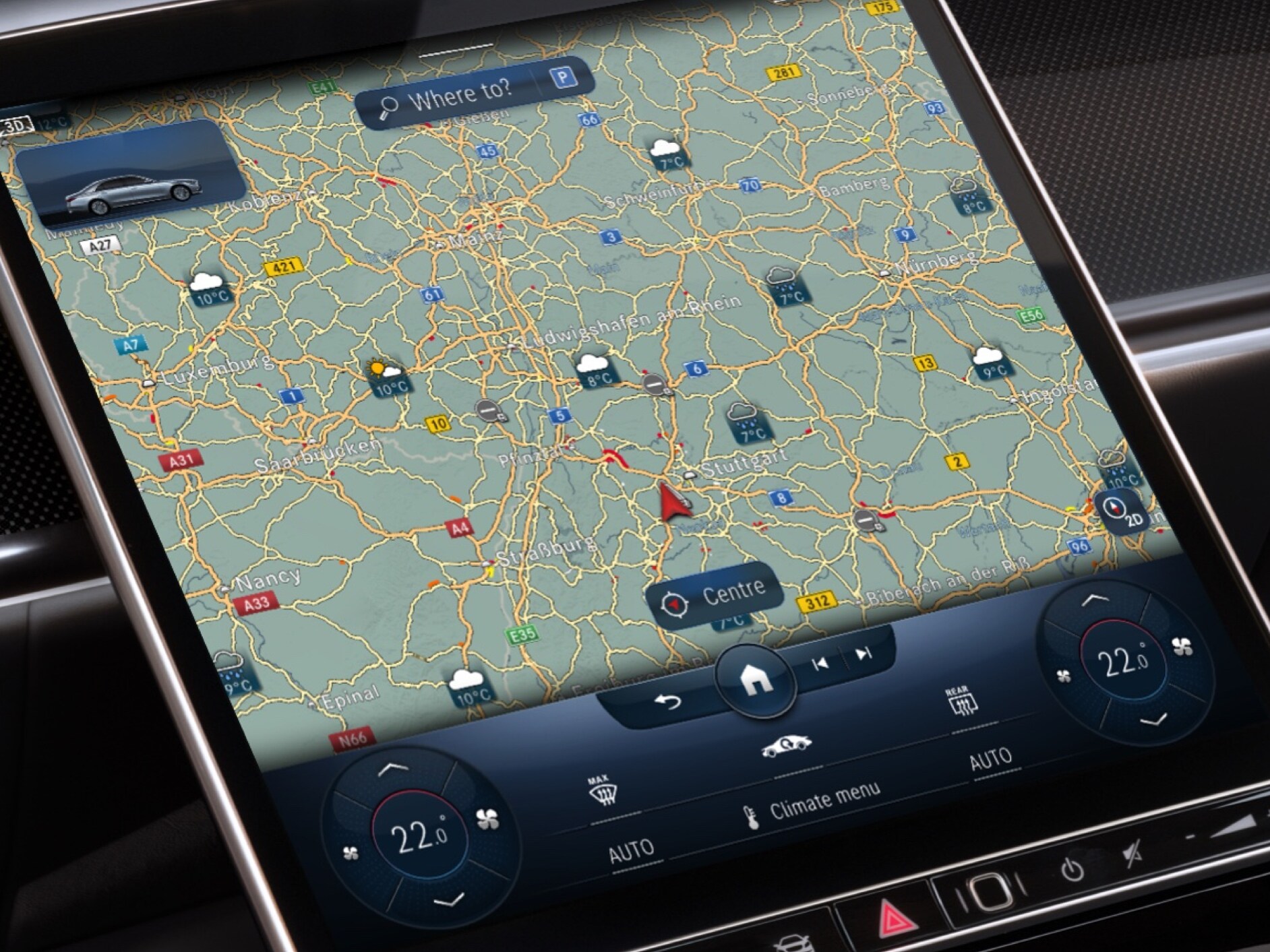Az MBUX multimédia-rendszer kijelzőjén az Időjárási térkép Digitális extrafelszereltségnek köszönhetően megjelenik a célterület várható időjárása.