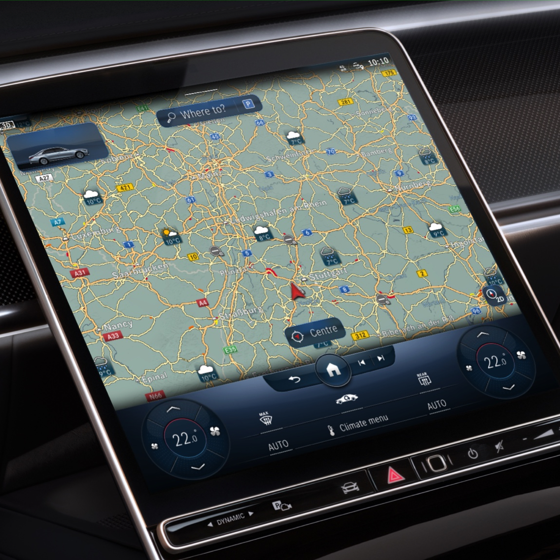Időjárási térkép | Navigáció | Mercedes-Benz Az MBUX multimédia-rendszer kijelzőjén az Időjárási térkép Digitális extrafelszereltségnek köszönhetően megjelenik a célterület várható időjárása.
