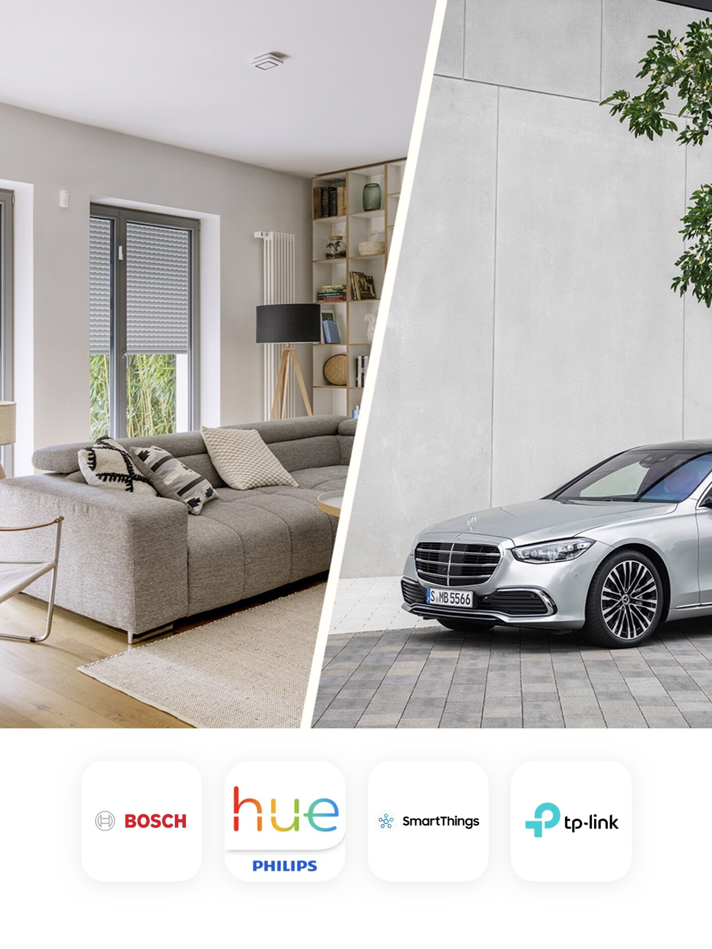 Berendezett lakás és Mercedes jármű kollázsa Smart Home szolgáltatókkal