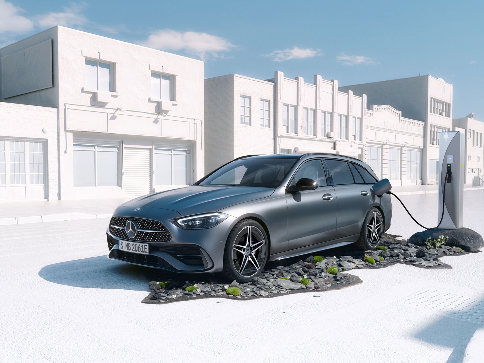 A Mercedes-Benz C-osztály 300 e T-Modell oldalnézetben elölről.